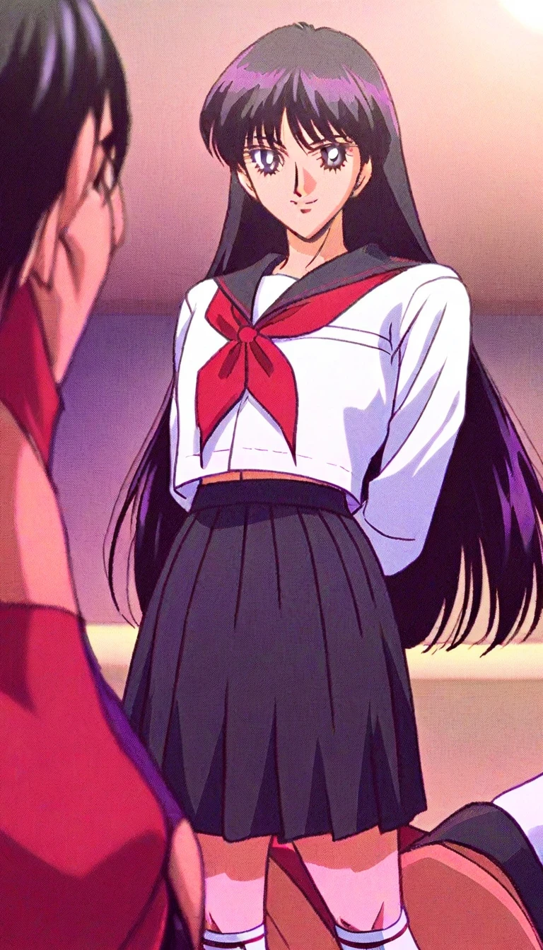 score 9 、score 8 up、score 7 up、source anime、 Masterpiece、 top quality、 high res、 high definition、anime coloring、1boy 、 hino rei、、(male:1.55)、Alone、 black hair、 long hair、 purple eyes、bangs、naughty face、naughty smile、(male body:1.55)、 sailor suit、 white shirt、 Long Sleeve、 black sailor collar、 red neckerchief、 Black Skirt、 pleated skirt、 white socks、black strap flat shoes、isolated、full body、standing、masculinization、depth of field、vignetting、soft lighting、 male focus、looking at viewer、cowboy shot、dutch angle short、(manly face:1.55)、