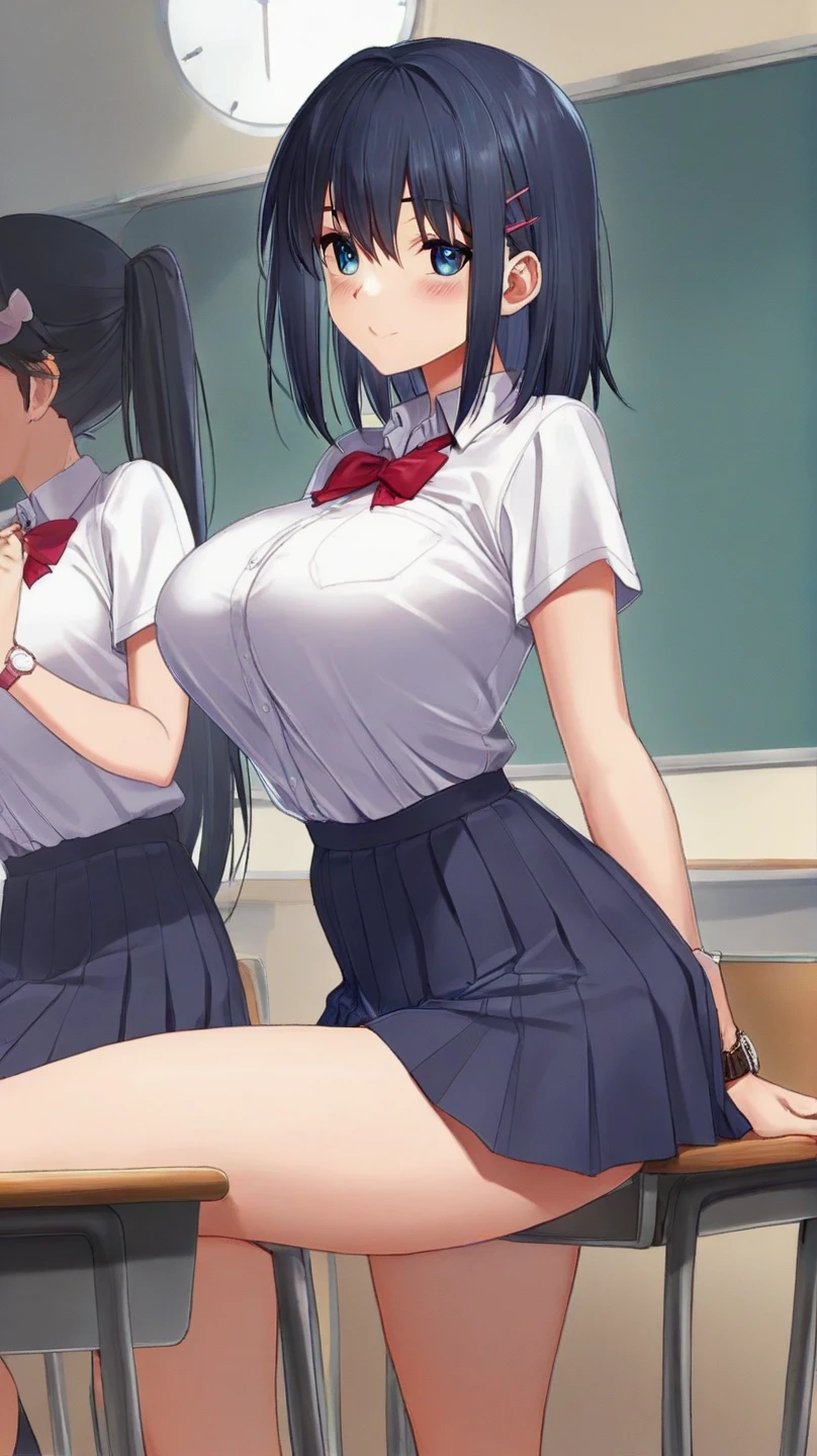 ((Correct Anatomy))、(Female )、((school uniform))、((Short sleeve))、(Mini Pleated Skirt),(((Black Stockings))),((Lace panties)),((School classroom)),Ultra-high resolution,Mature Woman, Mature Woman, Very detailed,Sunburned skin,Brown Skin, (Big Breasts),((Beautiful feet)),Perfect hands, Detailed fingers, Beautiful details, ((Long Hair)),((ponytail)),Black Choker, Earrings,Perfect Eyes, Captivating eyes