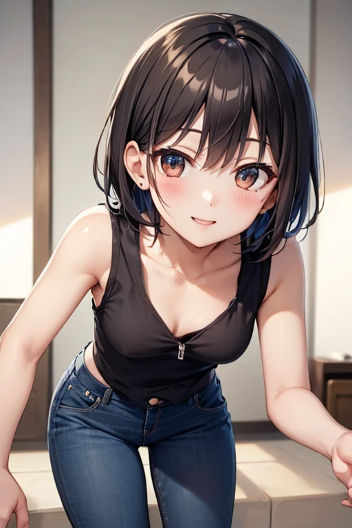 (8K、Highest image quality、highest quality、masterpiece)、detailed face、((one loli))、black hair、double bun、gray eyes、evil smile、((grin))、small breasts、((black camisole))、((denim pencil skirt))、((miniskirt))、arms behind back、cowboy shot、sit on the sofa、((open leg))、((white panties))、((dark background))