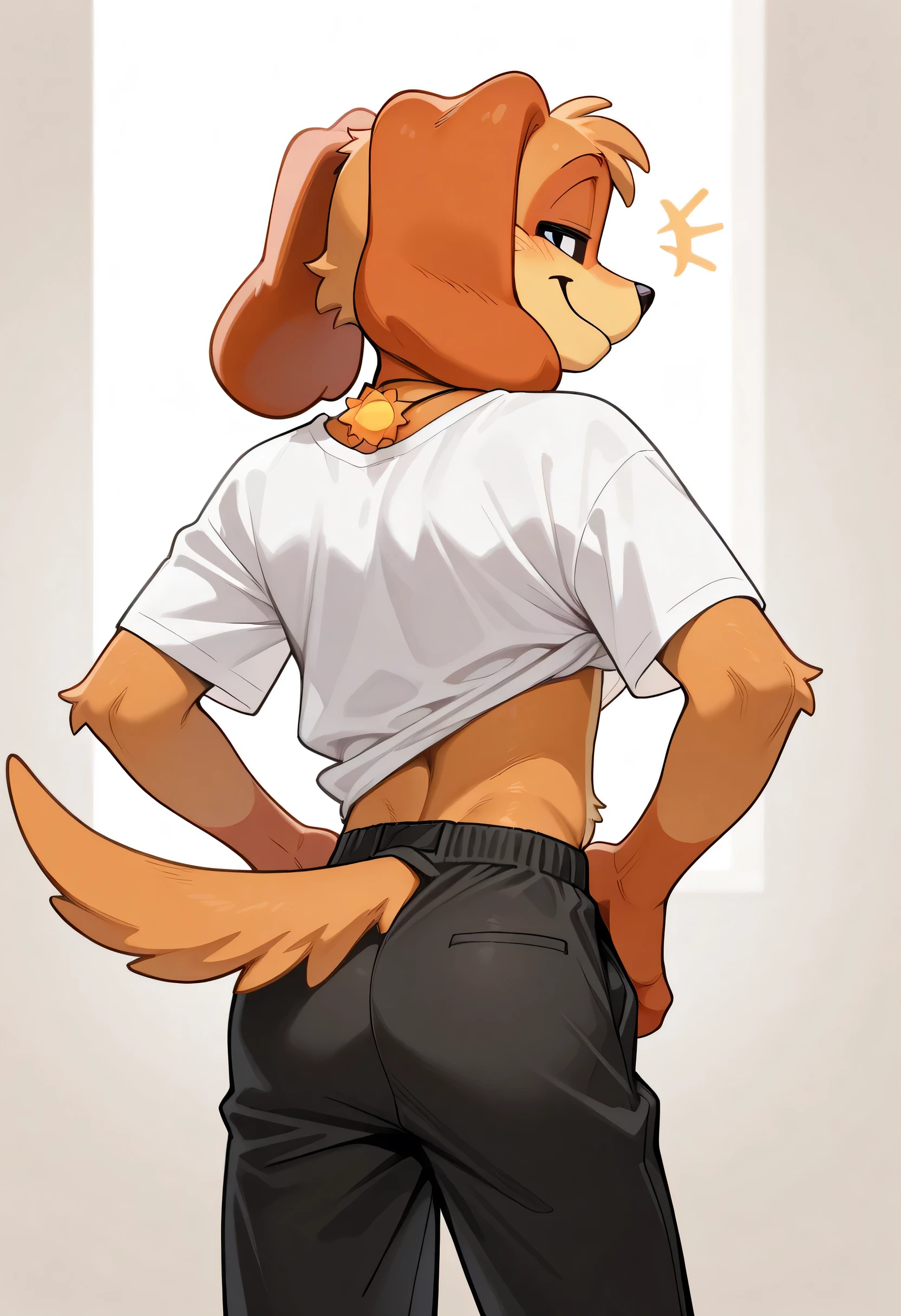 best quality, amazing quality, very aesthetic, absurdres, newest, dogday, poppy playtime, furry, sun necklace, black pants, tshirt, 1man, solo, looking at viewer, smug, behind view, turning around, waist focus, shirtless