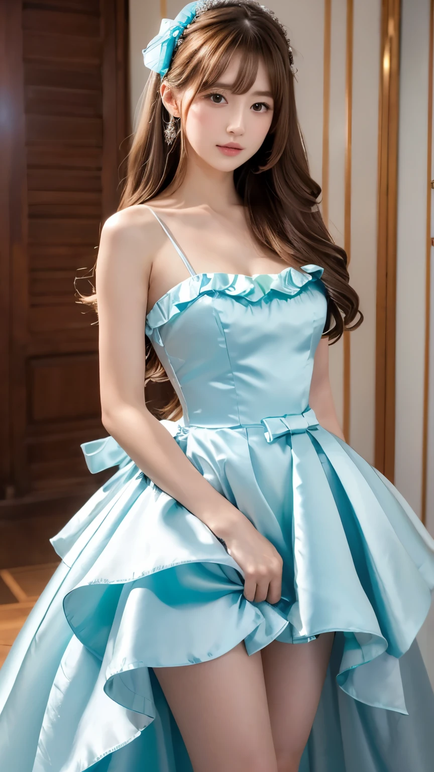 Quinceanera dress mint, bolero,diadem,earrings,lippgloss,necklace,long red hairs
