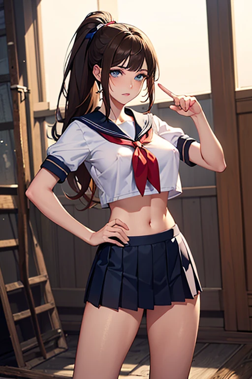leifang, 1girl, long hair, blush, lipstick, masterpiece, best quality, highly detailed, a anime girls in sailor uniforms with a gun posing for a picture,
evil smile, smile, open mouth,black_serafuku, ecchi anime style, anime girls , (nsfw) not safe for work,
ecchi style, ecchi, shipgirls, digital anime art!!, high school girls, holding a gun, hold a gun, anime style 4
k, micro skirt, exposed belly, exposed navel, exposed midriff,
exposed lower belly,school, classroom