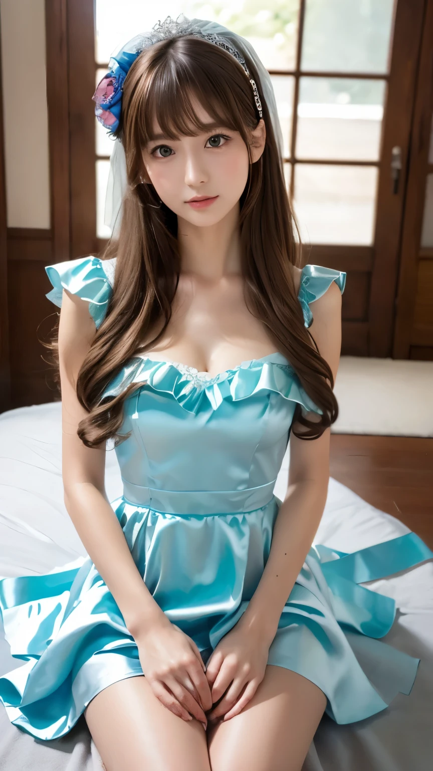 1girl,They wear a light green dress with sheer puff sleeves and a fitted bodice, tied with a light blue bow at the waist. The outfit exudes a feminine and sophisticated beauty, with a pearl necklace around her neck and flower accessories in her hair. The soft natural light creates a serene and elegant atmosphere, enhancing the overall composition. The background features floral elements and sheer curtains, adding an ethereal and springtime feel to the scene., (best quality,8k,highres,masterpiece:1.2),ultra-detailed,(realistic,photorealistic,photo-realistic:1.37),studio lighting,ultra-fine painting,sharp focus,physically-based rendering,extreme detail description,professional,vivid colors,,huge breasts,Nanami
