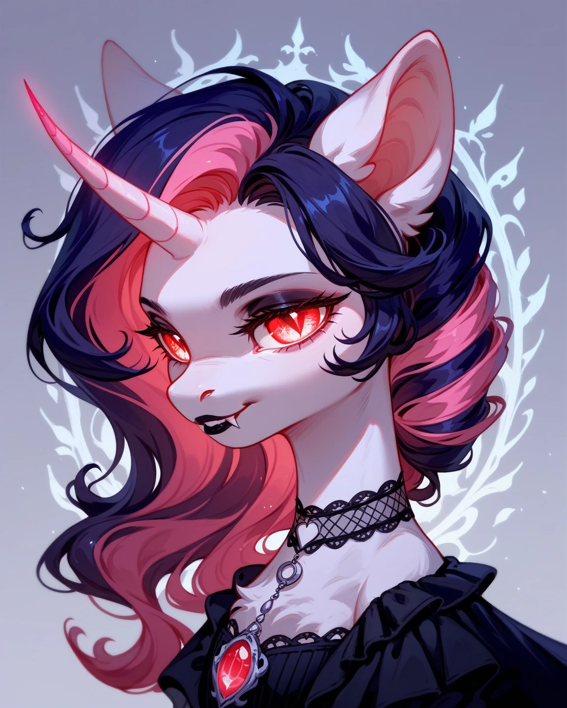 (score_9,score_8_up,score_7_up,score_6_up,score_5_up,score_4_up) black and pink goth vampire pony, glowing, whimsical, enchanted, magical, fantasy art concept, intricate details,