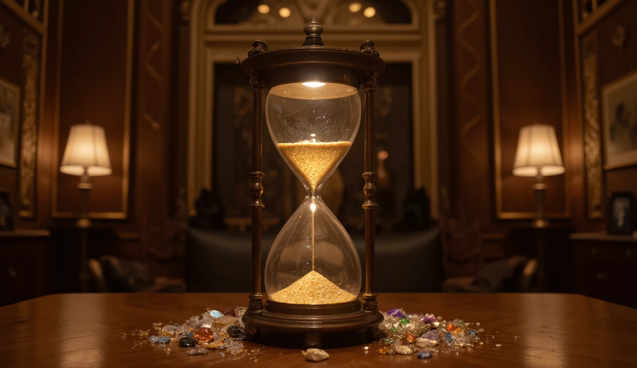 an antique glowing hourglass with sparkling golden sand grains inside, resting on a wooden table in the middle of an opulent, vintage palace room, illuminated by warm, dim lighting. At the bottom of the hourglass, where the sand falls, there are scattered jewels and gemstones atop the golden sand. The background showcases luxurious, ornate walls with intricate details. The scene is captured in high resolution with sharp details, using a Canon EOS 5D Mark IV, f/2.8 aperture for a shallow depth of field, emphasizing the hourglass with soft bokeh in the background, cinematic warm tones, 8k resolution, photorealistic.