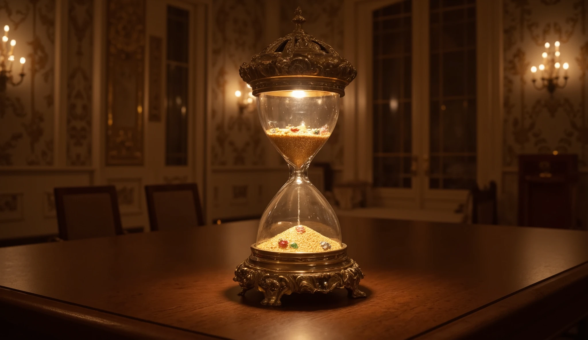an antique glowing hourglass with sparkling golden sand grains inside, resting on a wooden table in the middle of an opulent, vintage palace room, illuminated by warm, dim lighting. At the bottom of the hourglass, where the sand falls, there are scattered jewels and gemstones atop the golden sand. The background showcases luxurious, ornate walls with intricate details. The scene is captured in high resolution with sharp details, using a Canon EOS 5D Mark IV, f/2.8 aperture for a shallow depth of field, emphasizing the hourglass with soft bokeh in the background, cinematic warm tones, 8k resolution, photorealistic.