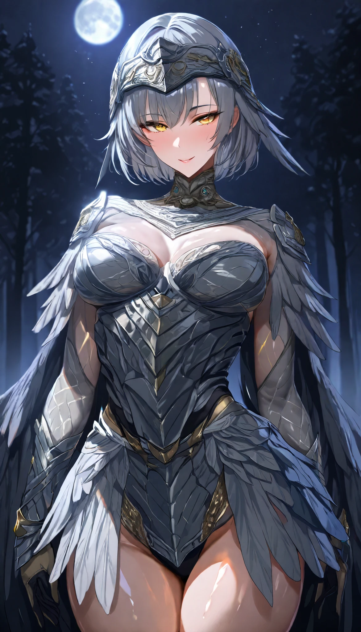 SOLO, A Falcon Female ,Perfect body, Shiny skin, Grey short hair, Falcon Headband, Yellow eyes, A pair of Grey falcon wings cover her body, Wearing A Grey Feathered armor, Flying in the forest, Torogao, seductive smile, Midnight,Moonlight, UHD, anatomically correct, masterpiece, textured skin, high details, highres, 1080P, 16k, accurate,Beautiful face, Perfect face, Highly detailed beautiful face and eyes, Attractive face, Detailed face, Delicate facial features, Detailed skin,Cowboy shot, Open pose