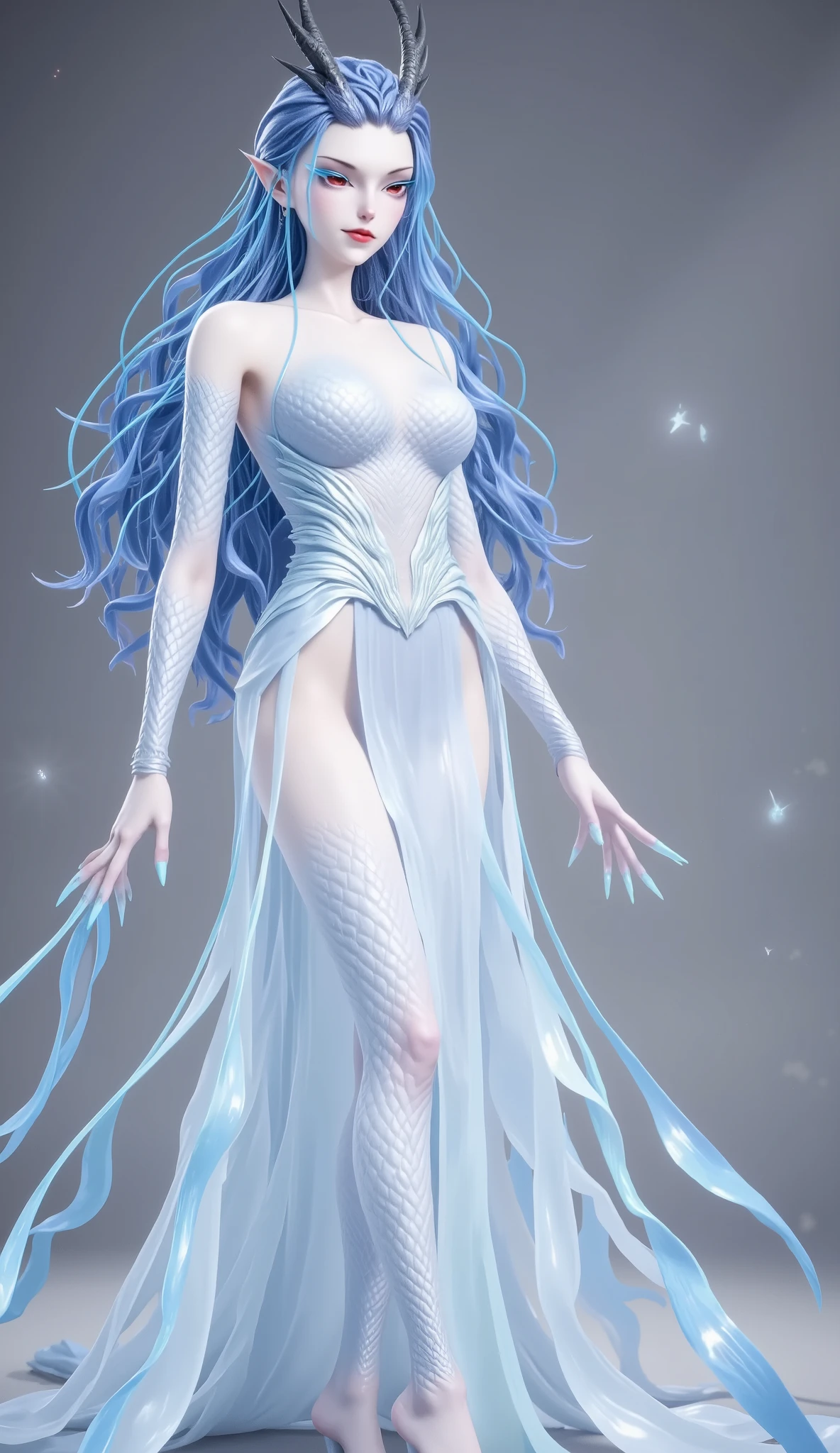 Dragon Girl,  Unique ，  blue hair, Big breasts，big boobs ， reveals breasts， exposing chest， exposing chest， reveals breasts， reveals breasts