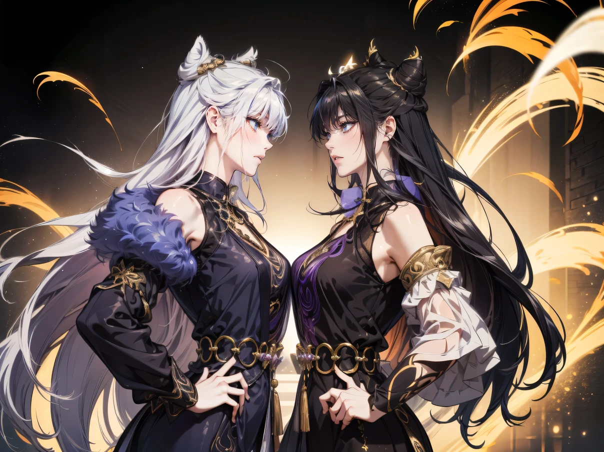   Brilliant work  ,   smartphones,  1 Xiao Wu  ,   Face Color Looks Cool  ,   Strong, Golden left eye , Red right eye ,  long hair, ผมดำ,  Steadfast eyes ,   Simple Uniform  ,   Black Long Earrings  ,   Contemporary Mandarin  ,  Front view ,   Simple Background ,   purple background  , Anime, illustration,  Whole body  , Bun , Black fluffy animal shirt on the shoulders ,    ,  Whole body  , character sheet 
