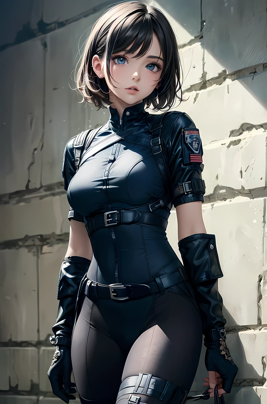 Short black hair, tactics, black gloves, knife in hand, small breasts closed suit, buildings background, evening, Moonlight
