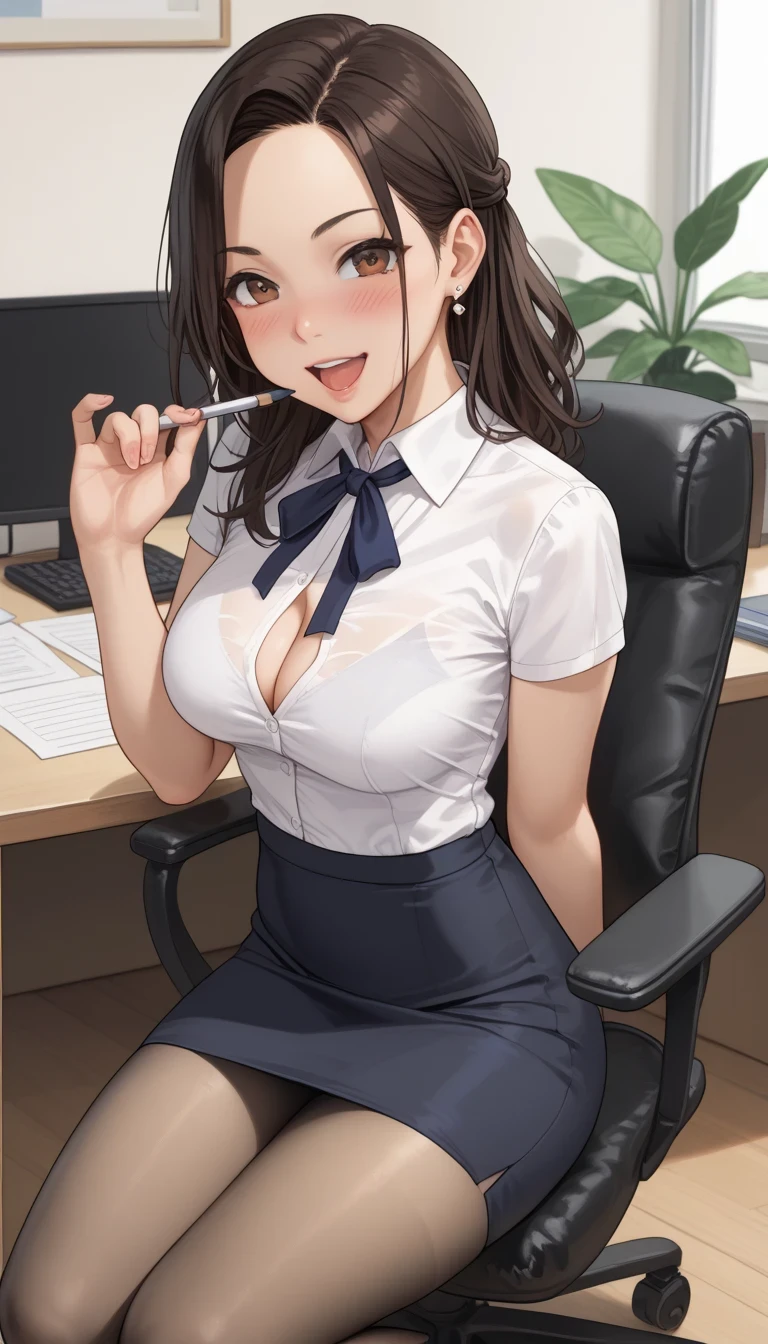 detailed illustration (side view),dynamic angle, ultra-detailed, illustration, clean line art, shading, anime, detailed eyes, detailed face, beautiful face, dramatic lighting, detailed illustration, dynamic angle, ultra-detailed, illustration,

Ultra HD, super high quality, masterpiece, detailed, 8K, The place is a business corner office, A office secretary in the room room,１Person sitting, hand singing documents, working at a desk, 30 year old female secretary, has long black hair, Has blue eyes, She has cow horns and a glamorous figure, The clothes she’s wearing are a camisole and a miniskirt, Knee-high, Pretty sexy, business clothes, anime girl, cow horns on head, cow ears, no human ears, anime woman, sitting in chair at desk, desk between her and viewer, handling viewer document. Sitting in chair behind desk, leaning forward onto desk, sunny farm outside window, smiling women, sexy business suit, large breasts, breasts resting on desk, no human ears, no headbands, cleavage on display, cow ears are her real ears, replace human ears with cow ears, big breasts, breasts laying on desk, breasts smooshed onto desk, bovine ears, hair covers human ears, long hair