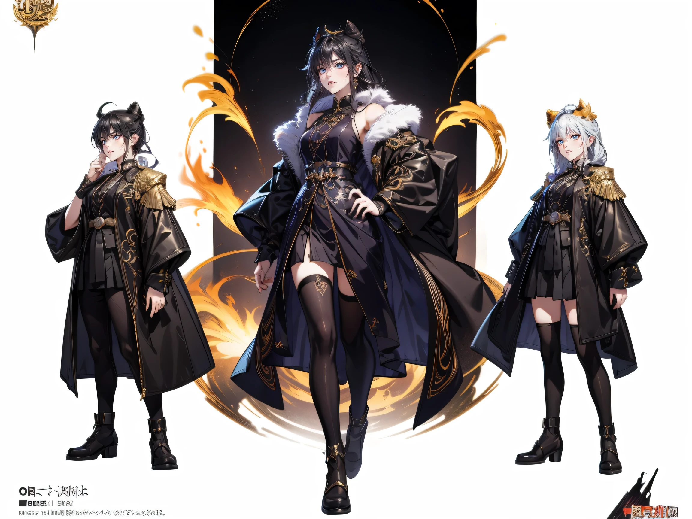 Brilliant work , smartphones, 1 Xiao Wu , Face Color Looks Cool , Strong, Golden left eye , Red right eye , long hair, ผมดำ, Steadfast eyes , Simple Uniform , Black Long Earrings , Contemporary Mandarin , Front view , Simple Background , purple background , Anime, illustration, Whole body , Bun , Black Wool Coat with Fluffy Shoulders , , Whole body , Golden Cockerel , Character Data Sheet