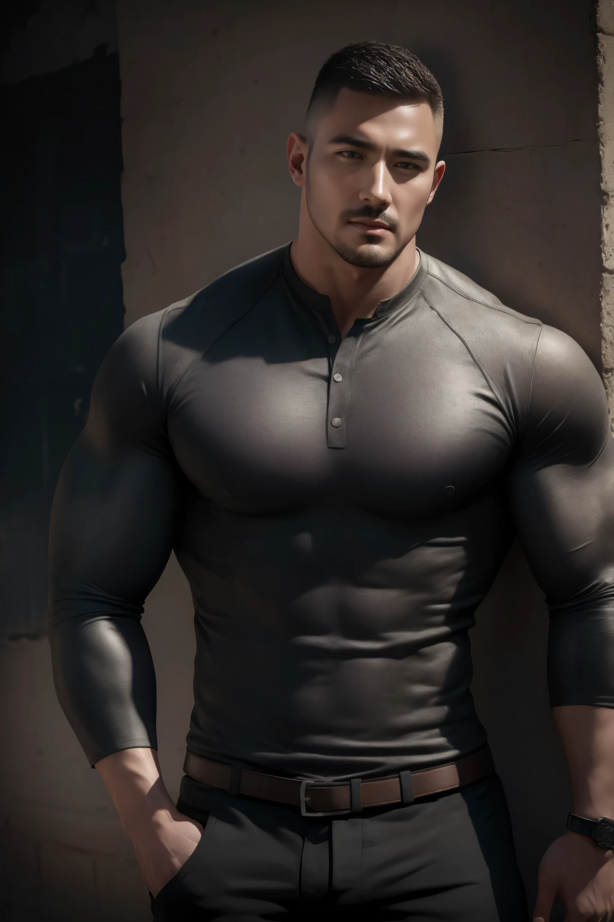 1个 Muscular man, buzz cut,Ruins in an abandoned city shining in the open sun , leaning against a dirty wall , Wears Charcoal Grey Brand Fitness Long Sleeve Tight Shirts, High Elasticity Fitness Tight Shirt ,He's dirty ,He has a sad expression, Lift your chin, buzz cut,, thick thighs , 警服裤, 警服裤,, Very tight, Regular symmetrical pattern, High Aimslight muscles, 警服裤, character concept (buzz cut Chris Redfield)He has a sad expression, Deep charming eyes, Heroic male pose, tall Burly, Muscular! Muscular thighs, Tough Guy, Perfect facial features, High Aims, Burly, Heqiang, Super exquisite and cool, High Aims Resolution Committee, Extraordinary Charm , The warm sun shines on his body,Make the texture of the clothes more perfect