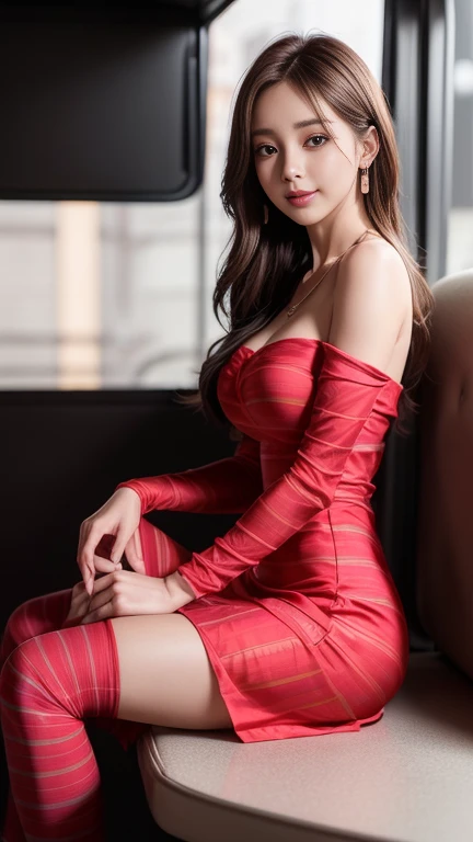 ((Best Quality)), ((masterpiece)), (Very detailed), 1 girl, with a short red dress, neckline, crossed legs, sitting, in a bar, 21 years, white panties,black heels,((Whole body)),((view from below))
