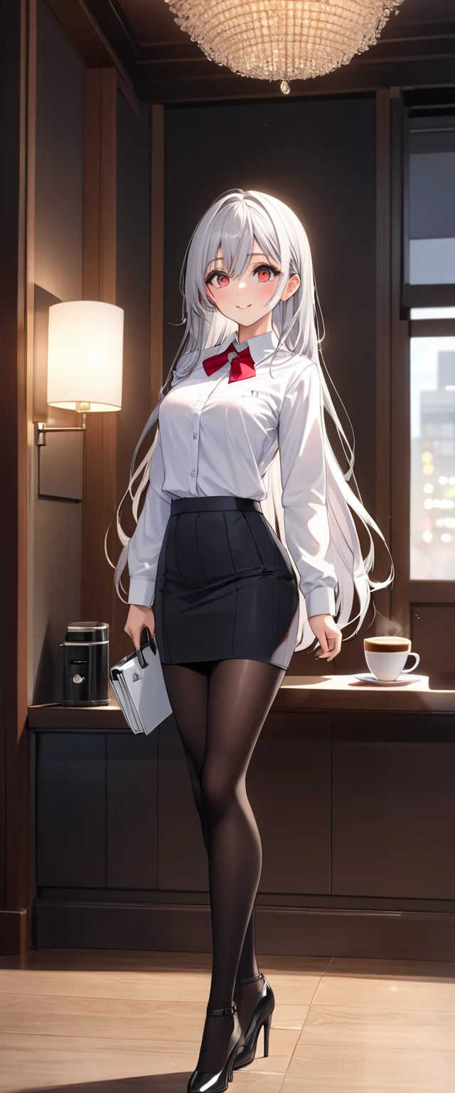(Highest quality, High resolution, Very detailed), 1 female, Silver Hair, Long Hair, Reddish brown eyes, suit skirt, lace thong, secretary, 24th generation, Beautiful woman, mature, thin, quiet, Calm, Large Breasts, A small smile, office,