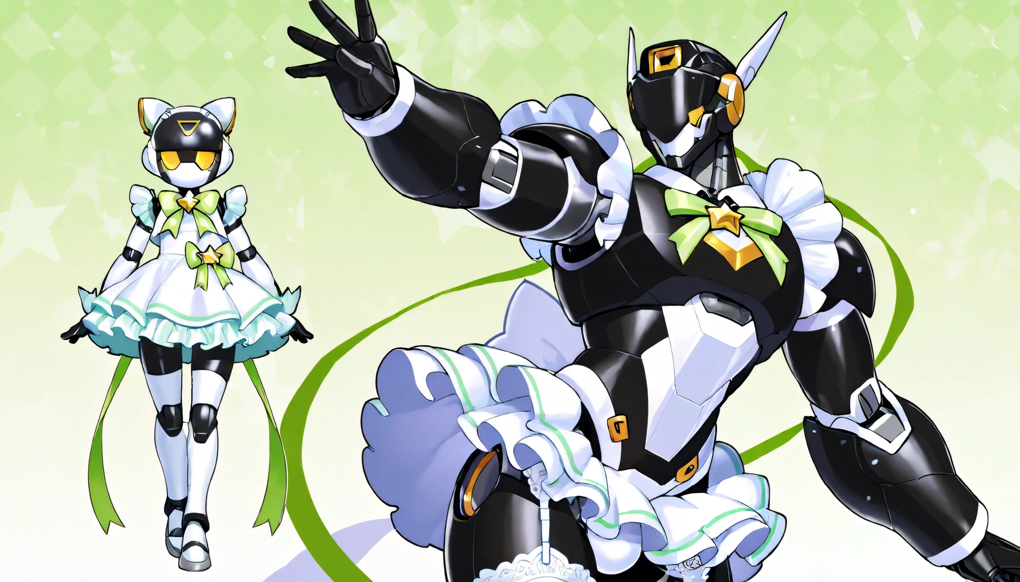 1 person、(((adult male hero robot wearing light green ribbon magical girl style frill dress))) 、bara、masterpiece、Best Quality、 lace garter belt 、 white lace knee-high stockings 、ribbon、black body、Mecha Head with sensor mask, white lace panties, star night, light green planet background, fullbody