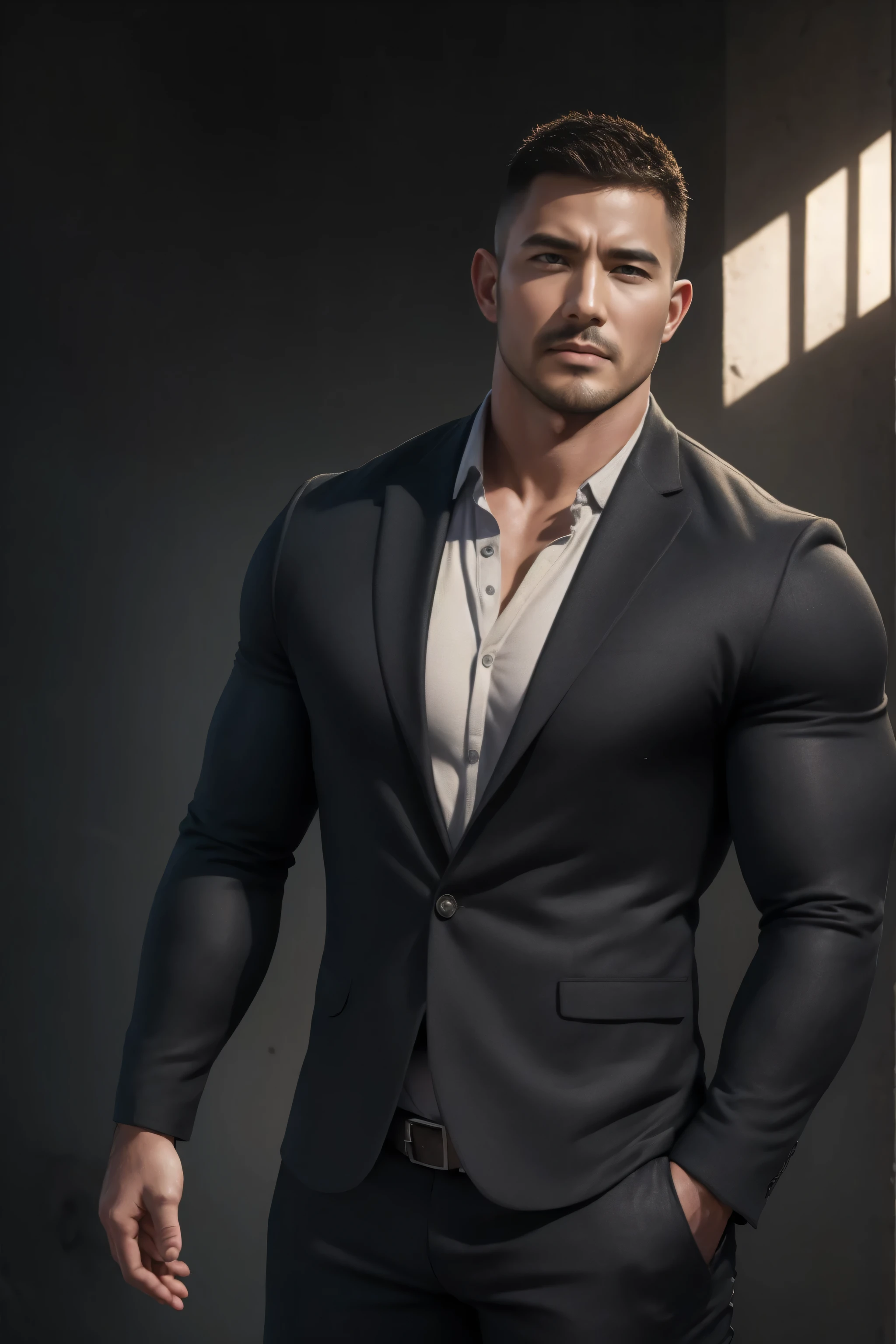 两个 Muscular男人深情拥抱着,   VERY STRONG ，Right angle muscle shoulder ，buzz cut，Flat head，Ruins in an abandoned city in the open air, 他背靠着脏污的墙壁， He wears a high-class, luxurious business suit jacket ， and wears a high-neck, long-sleeved, tight t-shirt with a gray modal fabric texture, He has a sad expression， Lift your chin,  messy hair ,   thick thighs  , Very tight, Regular symmetrical pattern, High Aimslight muscles, High-end western pants ,  character concept （buzz cut Chris Redfield） proud expression,  Deep charming eyes, Heroic male pose, tall Burly,  Muscular！ Muscular thighs, Tough Guy, Perfect facial features, High Aims, Burly, Heqiang, Super exquisite and cool, High Aims Resolution Committee, Extraordinary Charm , The sun is strong,  is dazzling