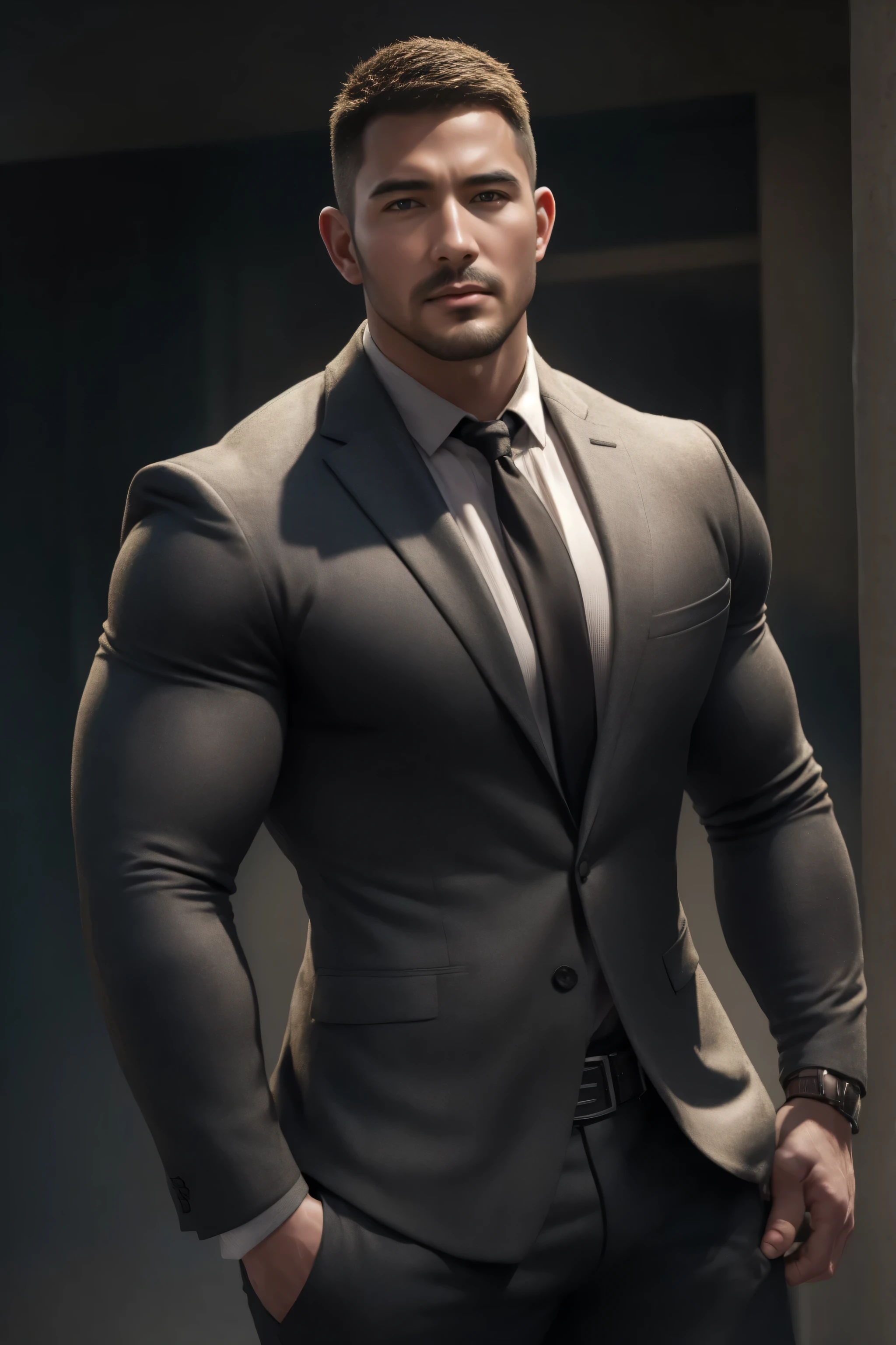 两个 Muscular男人深情拥抱着, VERY STRONG ,Right angle muscle shoulder ,buzz cut,Flat head,Ruins in an abandoned city in the open air, 他背靠着脏污的墙壁, He wears a high-class, luxurious business suit jacket , and wears a high-neck, long-sleeved, tight t-shirt with a gray modal fabric texture, He has a sad expression, Lift your chin, messy hair , thick thighs , Very tight, Regular symmetrical pattern, High Aimslight muscles, High-end western pants , character concept (buzz cut Chris Redfield) proud expression, Deep charming eyes, Heroic male pose, tall Burly, Muscular! Muscular thighs, Tough Guy, Perfect facial features, High Aims, Burly, Heqiang, Super exquisite and cool, High Aims Resolution Committee, Extraordinary Charm , The sun is strong, is dazzling