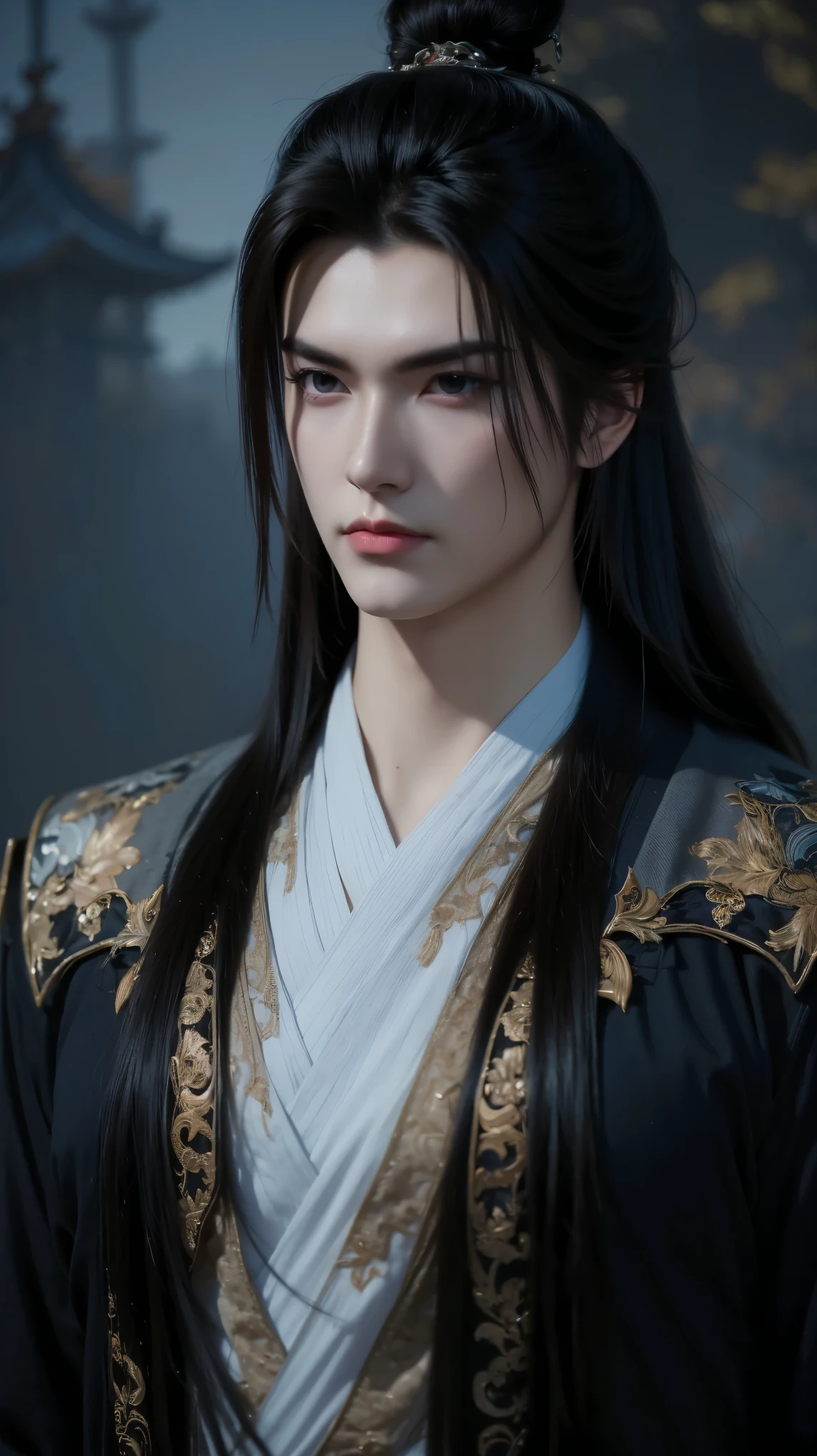 ''The beautiful portrait of Vuong Lam exudes coldness, majesty mixed with a bit of loneliness and determination. His piercing, dark blue eyes reflect resilience, experience and an inscrutable inner world, representing a man whose life has been shaped by countless challenges but remains steadfast. His handsome, sharp face exudes determination and intelligence. He has long flowing red hair in the ancient Xianxia style, enhancing his ethereal appearance. He wore an exquisite Xianxia-style outfit that radiated power and elegance. His outfit is in the style of the Xianxia and has blue embroidered edges, layered under a dark gray overcoat decorated with intricate sunken patterns. The color palette—black, brown, and gray—conveys maturity and mystery, blending perfectly into the world of immortals. The atmospheric background is hazy and ethereal, with subtle energy swirling around him, adding depth to his mysterious aura. The lighting is dramatic, emphasizing his noble yet melancholy presence. Incredibly detailed cinematic compositions, hyper-realistic textures, 8K resolution, fantasy-inspired masterpiece."
