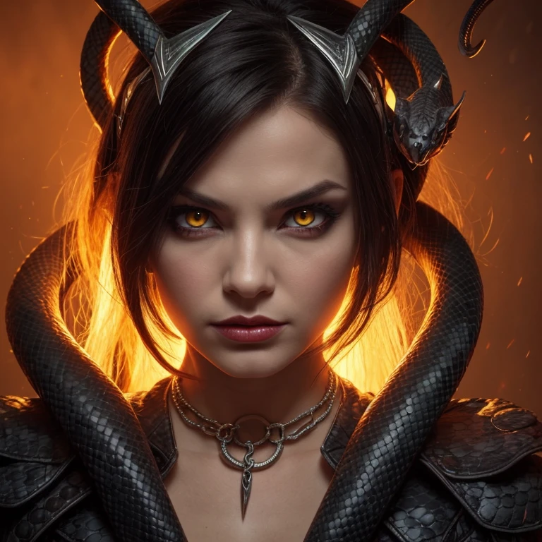 Evil demoness with a head of snake, snakes in her hair, yellow eyes