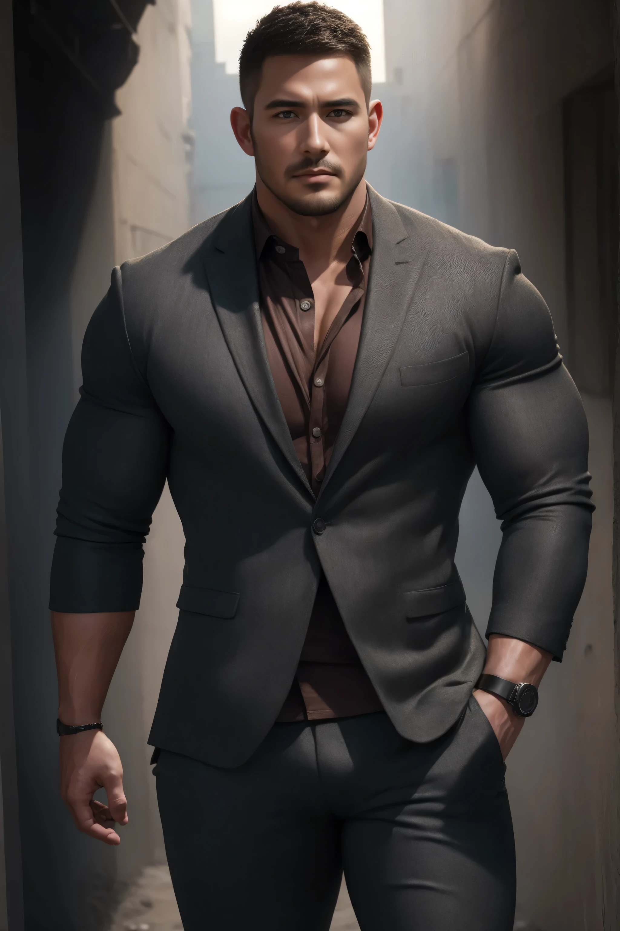 两个 Muscular男人深情拥抱着, VERY STRONG ,Right angle muscle shoulder ,buzz cut,Flat head,Ruins in an abandoned city in the open air, 他背靠着脏污的墙壁, he wears an upscale luxury business suit jacket, and wears a high-neck, long-sleeved, tight t-shirt with a gray modal fabric texture, He has a sad expression, Lift your chin, messy hair , thick thighs , Very tight, Regular symmetrical pattern, High Aimslight muscles, High-end western pants , character concept (buzz cut Chris Redfield) proud expression, Deep charming eyes, Heroic male pose, tall Burly, Muscular! Muscular thighs, Tough Guy, Perfect facial features, High Aims, Burly, Heqiang, Super exquisite and cool, High Aims Resolution Committee, Extraordinary Charm , The sun is strong, is dazzling
