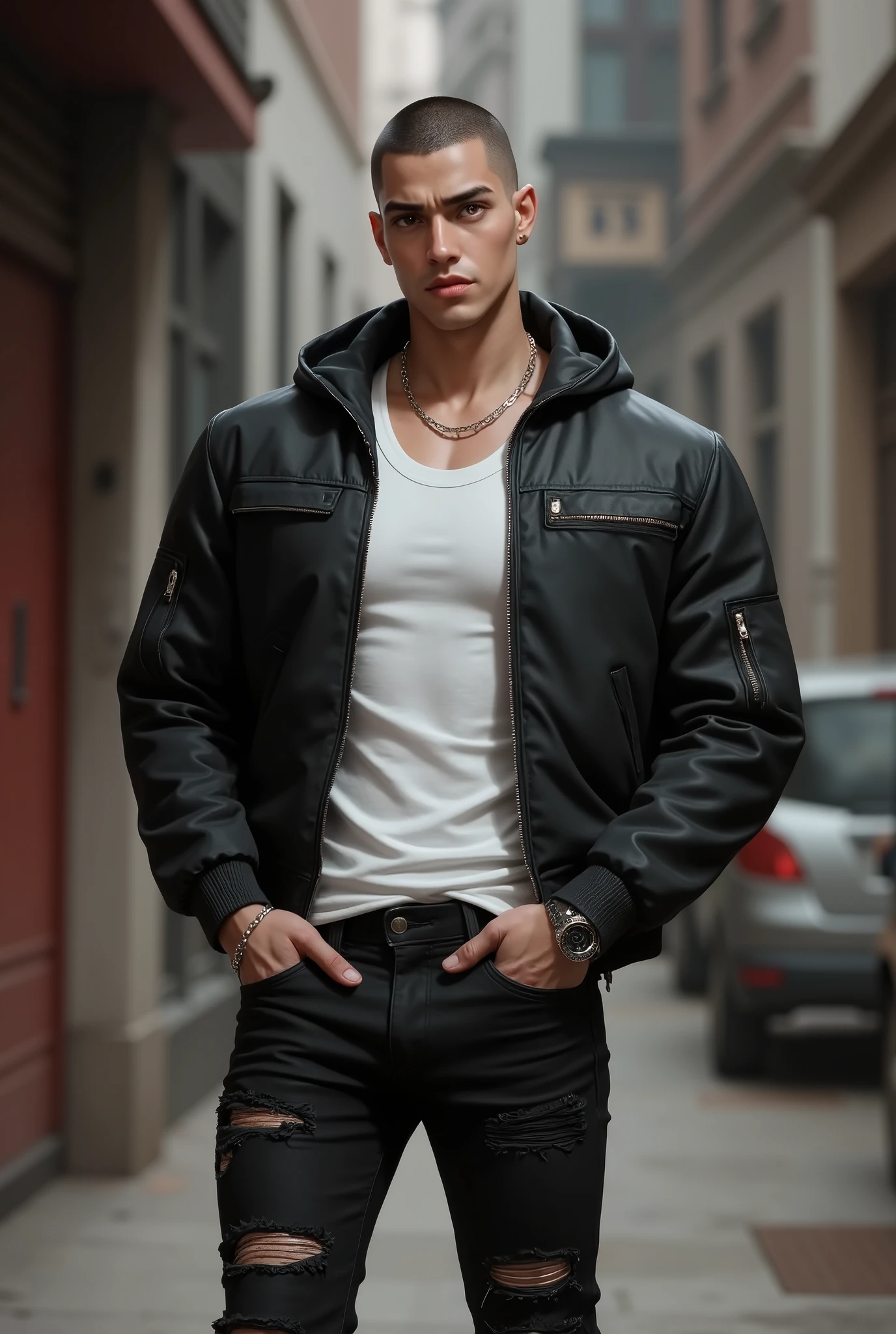21 year old man, tall with a defined body, Latin American, short dark hair, almost bald, amber eyes, he wears black pants ripped at the knees, a white tank top with a black jacket over it, he has the appearance of a hip-hop rapper, he has his hands in his pockets, and is looking forward.