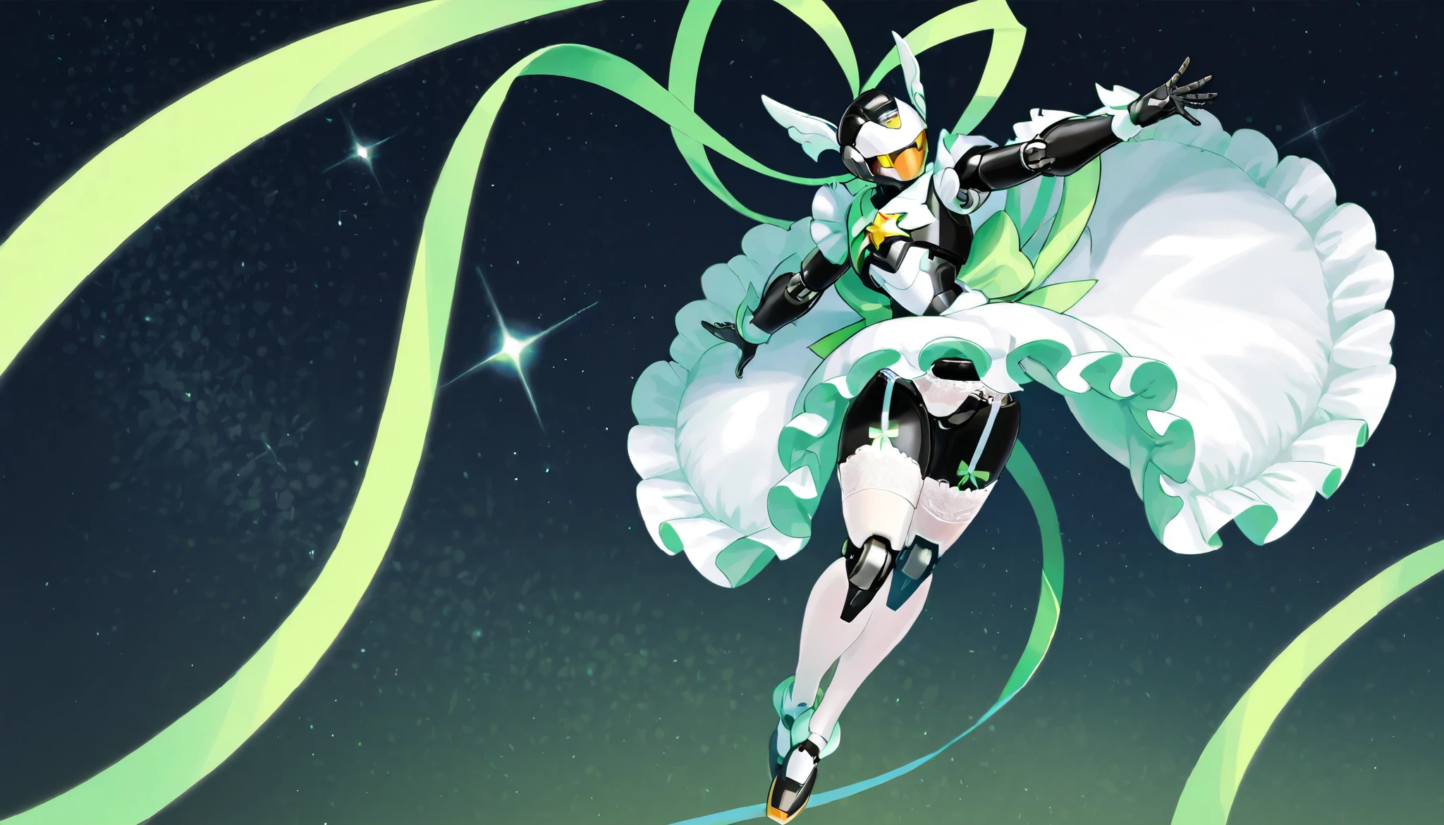 1 person、(((adult male hero robot wearing light green ribbon magical girl style frill dress))) 、bara、masterpiece、Best Quality、 lace garter belt 、 white lace knee-high stockings 、ribbon、black body、Mecha Head with sensor mask, white lace panties, star night, light green planet background, fullbody