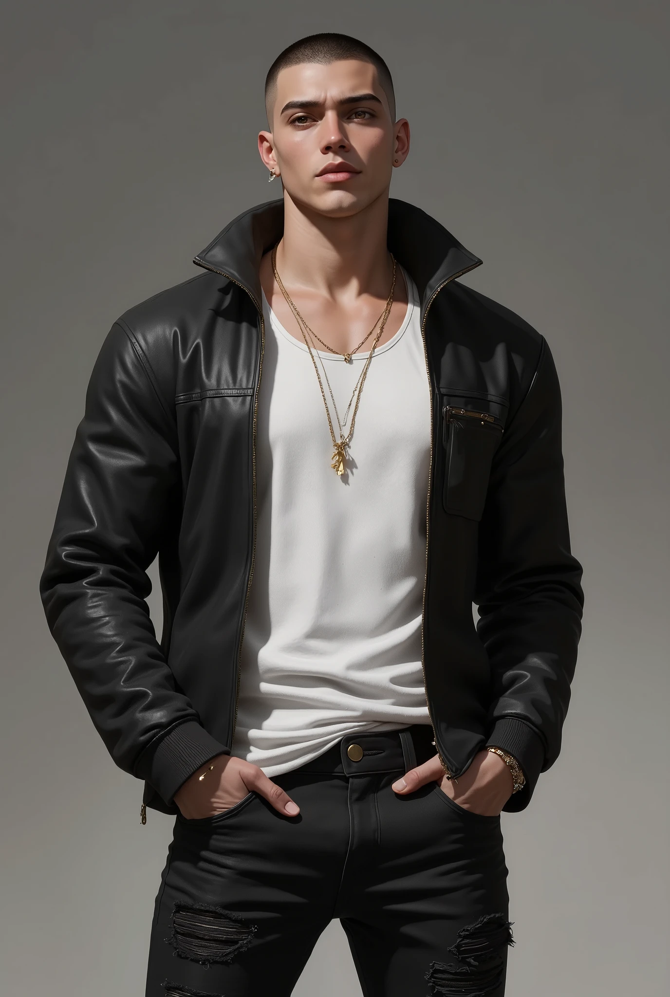 21 year old man, tall with a defined body, Latin American, short dark hair, almost bald, amber eyes, he wears black pants ripped at the knees, a white tank top with a black jacket over it, he has the appearance of a hip-hop rapper, he has his hands in his pockets, and is looking forward.