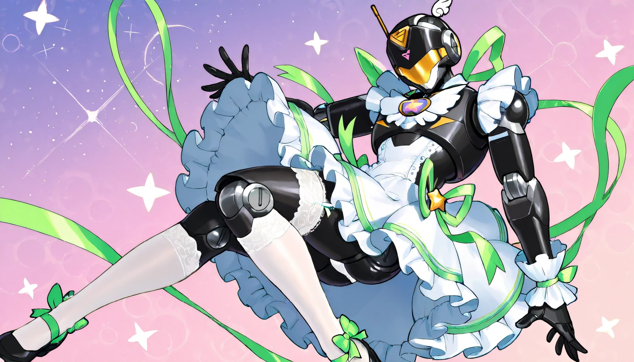 1 person、(((adult male hero robot wearing light green ribbon magical girl style frill dress))) 、bara、masterpiece、Best Quality、 lace garter belt 、 white lace knee-high stockings 、ribbon、black body、Mecha Head with sensor mask, white lace panties, star night, pink planet background, fullbody