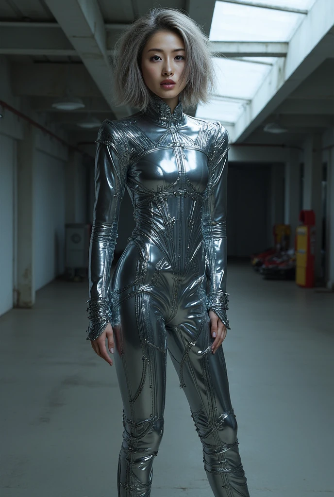 congolese girl, (very young, adolescent), (curly green mullet, very small breasts, very skinny, nose ring), (silver latex bodysuit, choker), (close shot, face shot, intimate camera, cinematic)