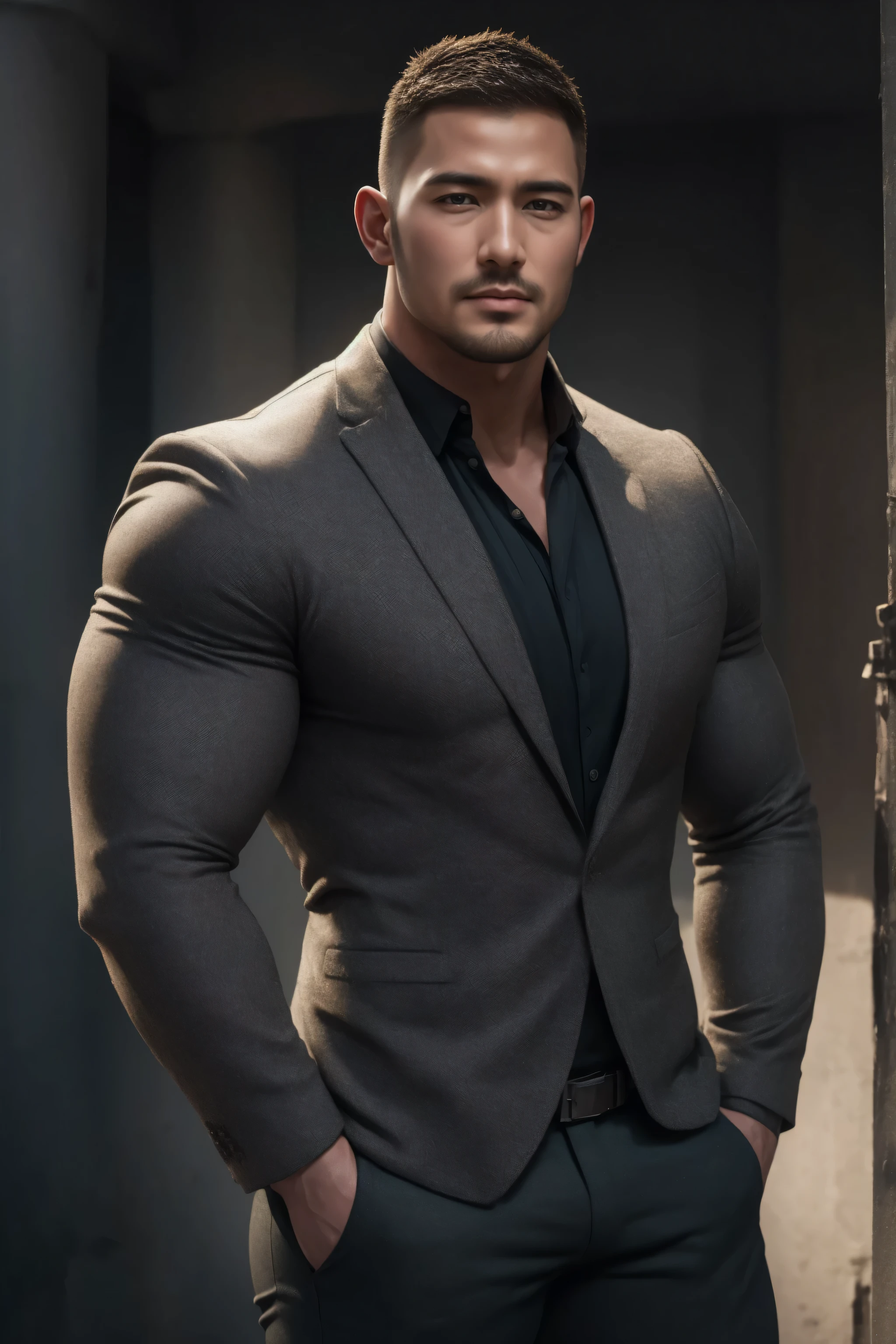 两个 Muscular男人深情拥抱着,   VERY STRONG ，Right angle muscle shoulder ，buzz cut，Flat head，Ruins in an abandoned city in the open air, 他背靠着脏污的墙壁， he wears an upscale luxury business suit jacket， and wears a high-neck, long-sleeved, tight t-shirt with a gray modal fabric texture, He has a sad expression， Lift your chin,  messy hair ,   thick thighs  , Very tight, Regular symmetrical pattern, High Aimslight muscles, High-end western pants ,  character concept （buzz cut Chris Redfield） proud expression,  Deep charming eyes, Heroic male pose, tall Burly,  Muscular！ Muscular thighs, Tough Guy, Perfect facial features, High Aims, Burly, Heqiang, Super exquisite and cool, High Aims Resolution Committee, Extraordinary Charm , The sun is strong,  is dazzling