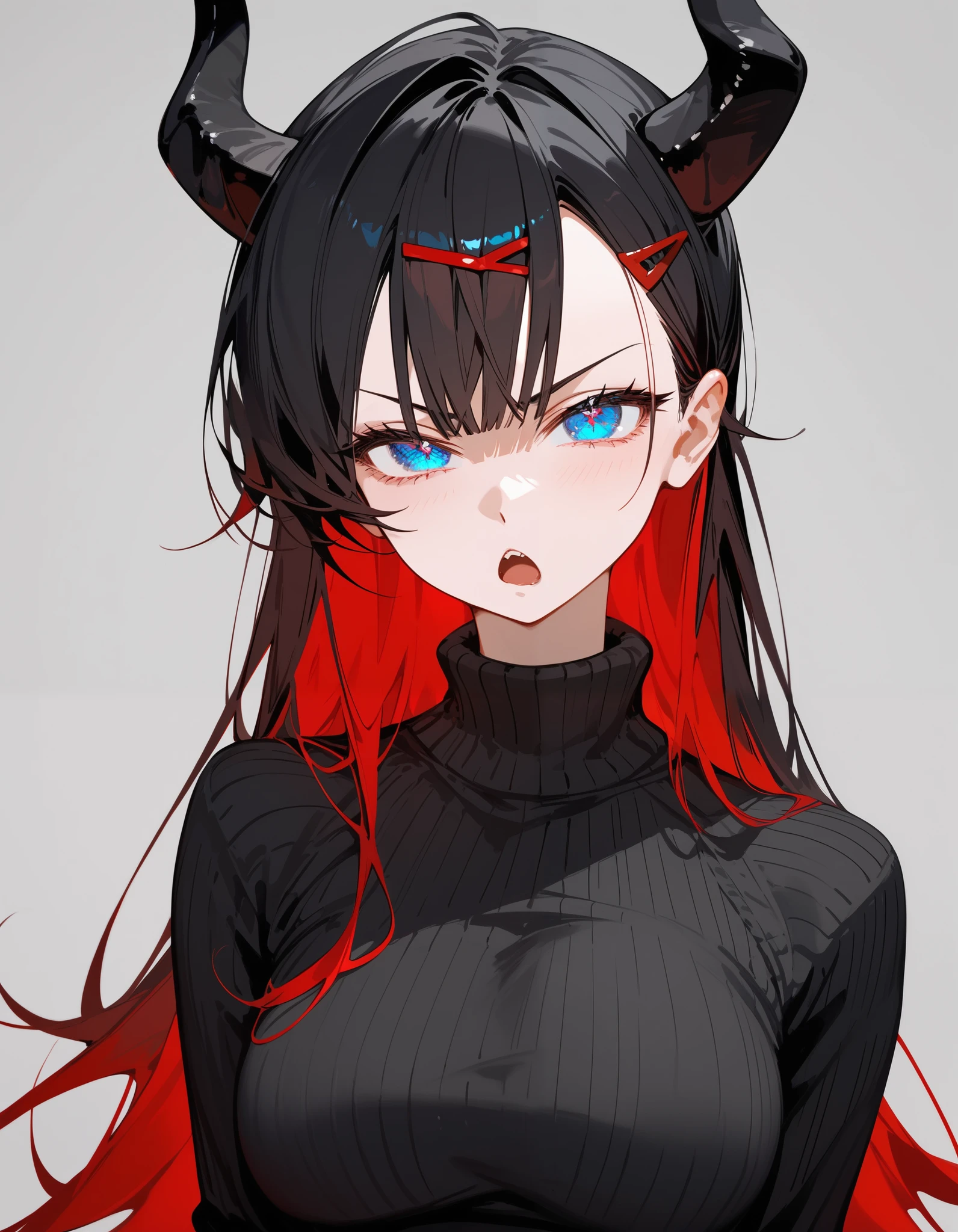 1 person,girl, red hair, long hair, in blue eyes, black-horned,, Long Sleeve Sweater, medium chest ,Pretty eye tail ,Sharp face, Slim ,fit,,Beautiful round eyes, cute,Focus on the face,Place in the room,Open your mouth, Details 4k , Pretty Blue Eyes ,Best Quality ,milf,Big black guy, Gray Background, black shirt,Tall,dark,The devil,Cool Horny ,Fierce face,horn grim ,Black hair clip,Tall, Serious Face ,He's so big.,