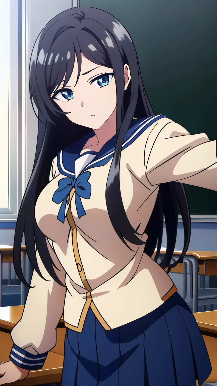 1girl, tsushima yoshiko, love live!, solo, from behind, sailor suit, dark blue collar, white shirts, short sleeve, dark blue skirt, black skirt, Blue Striped Panties, Skirts twisted by the wind, big ass, huge breasts, huge tits, huge , long hair, single hair bun, looking at viewer, shy, blush, masterpiece, best quality, very aesthetic, absurdres, anime, official art, nsfw,