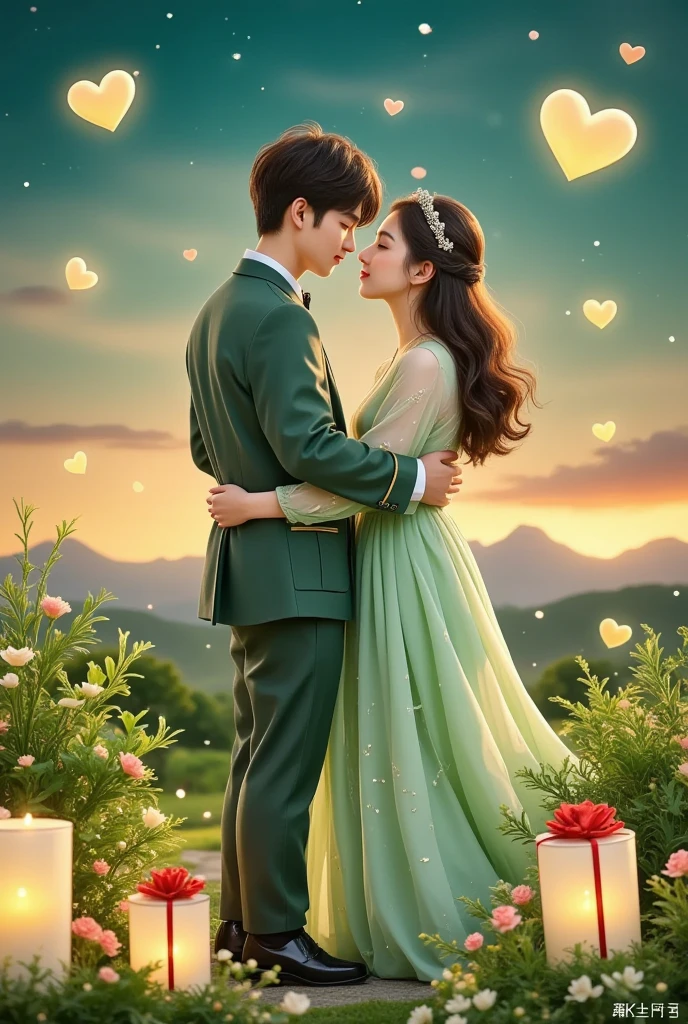 一对情侣在迷人的garden中心跳浪漫的舞蹈. The scene is illuminated by floating candles and lanterns , projects a warm , Gently. garden , From the delicate petals of flowers to the verdant leaves , The intricate details are presented in amazing 8K resolution . The couple, Immerse yourself in your arms , Exudes deep love and connection . The atmosphere is full of magical magic , The soft light and serene beauty of the surroundings brightens up the surrounding environment
