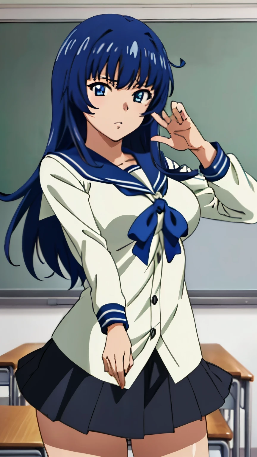 (Top quality, masterpiece, 8k), (anime coloring:1.2), very detailed, very detailed, perfect face, beautiful eyes, perfect eyes, detailed eyes, detailed face, ultra-detailed, detailed eyes, symmetrical eyes, sharp details, 1 girl, solo, (black long hair, straight hair), 18 years old, medium breasts, healthy skin, slim, slim body, (quiet, nervous), (high girl, white sailor suit, white long sleeve, navy blue ribbon, black skirt, classroom), (cowboy shot:1.3), (dynamic pose), looking at the viewer, in the center of the image,