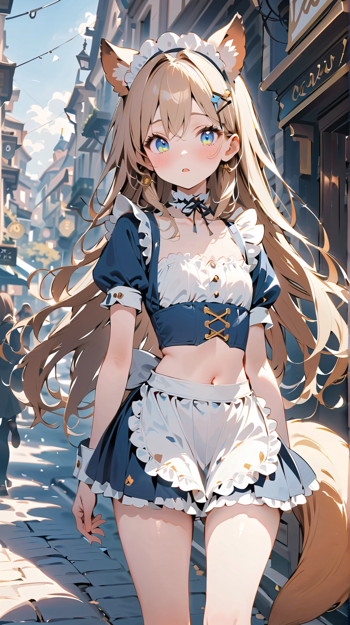 {{{ masterpiece}}}, {{{ top quality}}}, {{ super high resolution}}, {美しい細部までこだわったEye }, 1 girl, alone, ( Gold)), very long hair, 青いEye , ( straight hair ), (bangs), animal ears, (Weasel Ears:0.8), choker, stupid hair , teeth, (big weasel tail :0.8), (Blue X Hairpin), ( Cute maid outfit), , SHOCKED , girl ,Midea,Eye , flat , European Streetscapes,