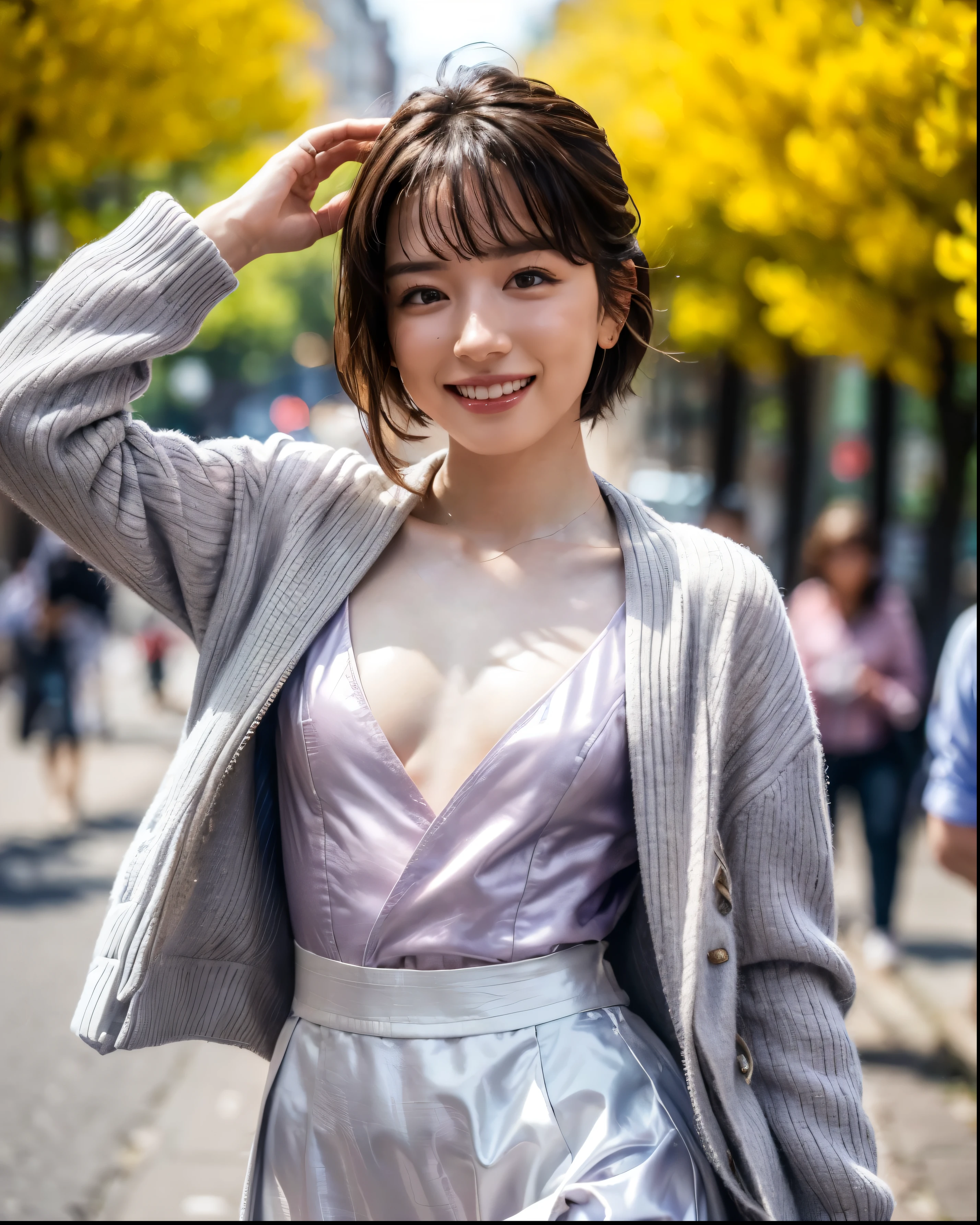 (The 8k quality, Ultra-high-resolution quality, Ultra high definition, Photorealistic, Best Quality):1.5, (masterpiece):1.4,
(camera angle from front view):3.0,
(in the beautiful European street with spring flowers):4.0,
(depiction of taking a walk while singing):5.0,
(beautifully shaped sexy woman):10.0,
(naked light purple tailored jacket with no bra, white long flared skirt):13.0,
(singing face, smiling, flushed cheeks, medium build, medium height, (a little smaller breasts)):3.5, (pulled back side hair, forehead, short length hair, black color hair):6.0,