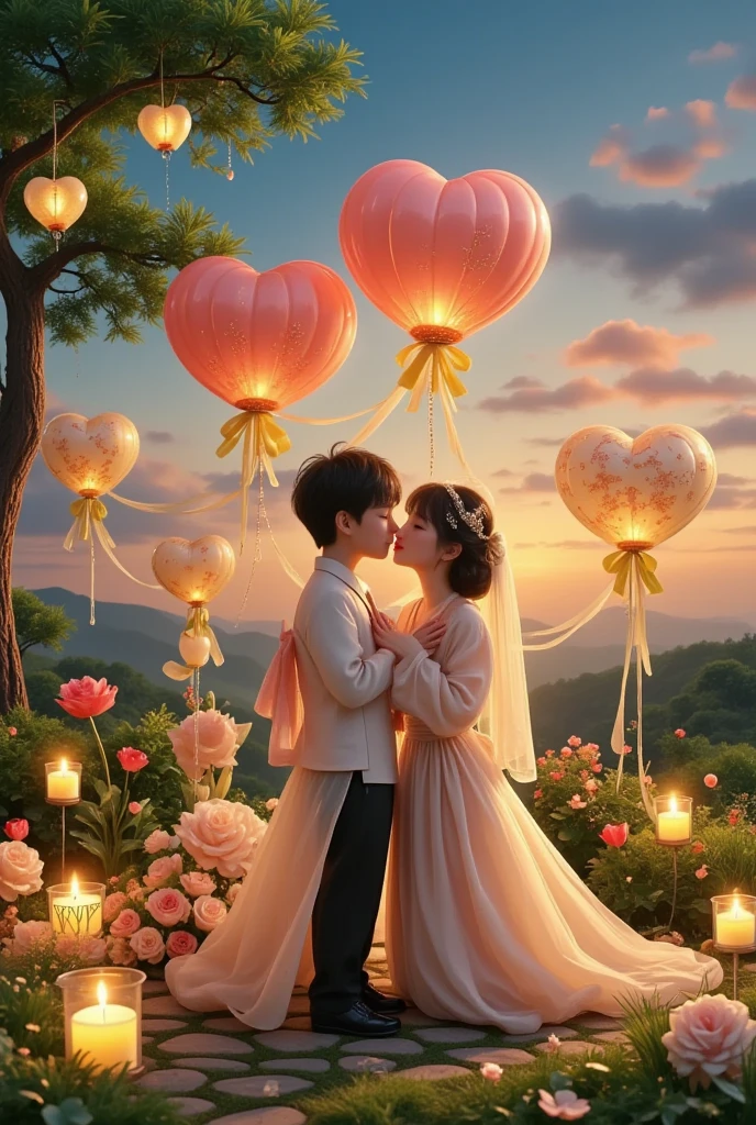 一对情侣在迷人的garden中心跳浪漫的舞蹈. The scene is illuminated by floating candles and lanterns , projects a warm , Gently. garden , From the delicate petals of flowers to the verdant leaves , The intricate details are presented in amazing 8K resolution . The couple, Immerse yourself in your arms , Exudes deep love and connection . The atmosphere is full of magical magic , The soft light and serene beauty of the surroundings brightens up the surrounding environment