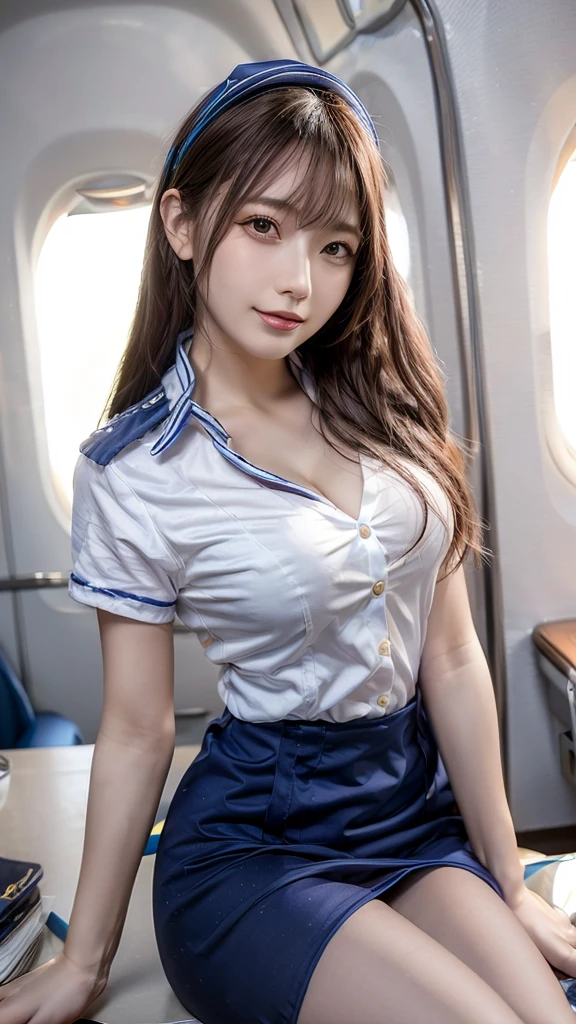 (best qualtiy,hyper HD, masutepiece, 16 K,Super Detail),Goose egg face,largeeyes,long eyelasher,Exquisite(Live-action realistic style),Star-like eyes,The Ultimate Face,Photorealistic light and shadow,Clear facial features,milky skin,Fair skin, highdetailskin,Realistic skin details,Visible Pore,(Super Detail), body,, full body Esbian,,(Flowing hair), SMOOTHNESS,Condescending smile,(((Dressed in flight attendant costume))),Beautifully decorated,1.07,(When you open your legs, Your white panties are exposed)、((Make eye contact with your audience))、in an airplane,cowboy shot , Too short miniskirt,(( Stand in the aisle of an airplane)),The wind flips up the skirt、Panty Exposure.Standing pose like a model,(Shooting from a low angle)