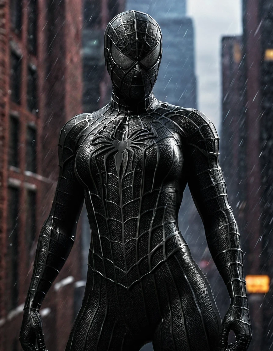 ((masterpiece))、Highest quality、High resolution、8K、Highest quality, Realistic, masterpiece, Beautiful details, hyperRealistic, (One girl), Big Breasts:1.33, Professional model wears super-detailed black Raimi Spider-Man suit, Highly detailed and grainy black Raimi Spider-Man suit, 胸の谷間は見えるwhole bodyと手を覆うスーツ, black spiderman gloves, Wear spider boots with a thigh-revealing design。Suit wet in the rain:1.66, (Spider-Man pose), (whole body), Octane Rendering, Very detailed, Volumetric, Dramatic lighting, (Highest quality:1.1), (High resolution:1.3), (Highest quality, Highest quality), Realistic, High resolution,Shooting in the middle of the night in New York City during a lightning-filled downpour。
