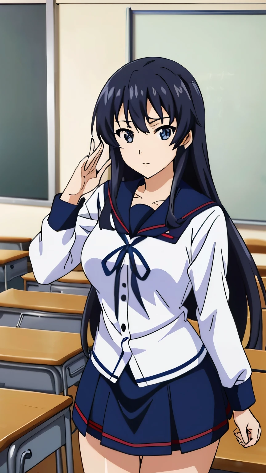 (Top quality, masterpiece, 8k), (anime coloring:1.2), very detailed, very detailed, perfect face, beautiful eyes, perfect eyes, detailed eyes, detailed face, ultra-detailed, detailed eyes, symmetrical eyes, sharp details, 1 girl, solo, (black long hair), (straight hair:1.2), 18 years old, medium breasts, healthy skin, slim, slim body, (quiet, nervous), (high girl, white sailor suit, white long sleeve, navy blue ribbon, black skirt, classroom), (cowboy shot:1.3), (dynamic pose), looking at the viewer, in the center of the image,