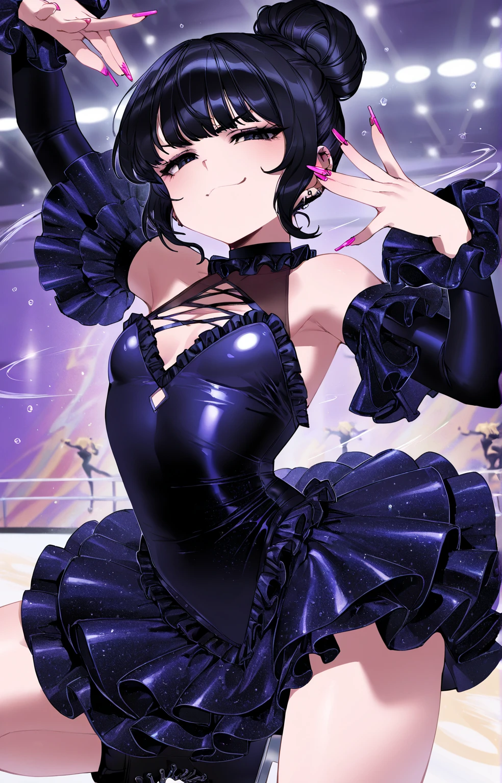 The character with black short hair and light black eyes, dressed in her playboy bunny, black rabbit ears, wrist cuffs, black leotar, excitedly decorating the classroom for a festive event, hanging up colorful streamers and balloons with a lively expression.