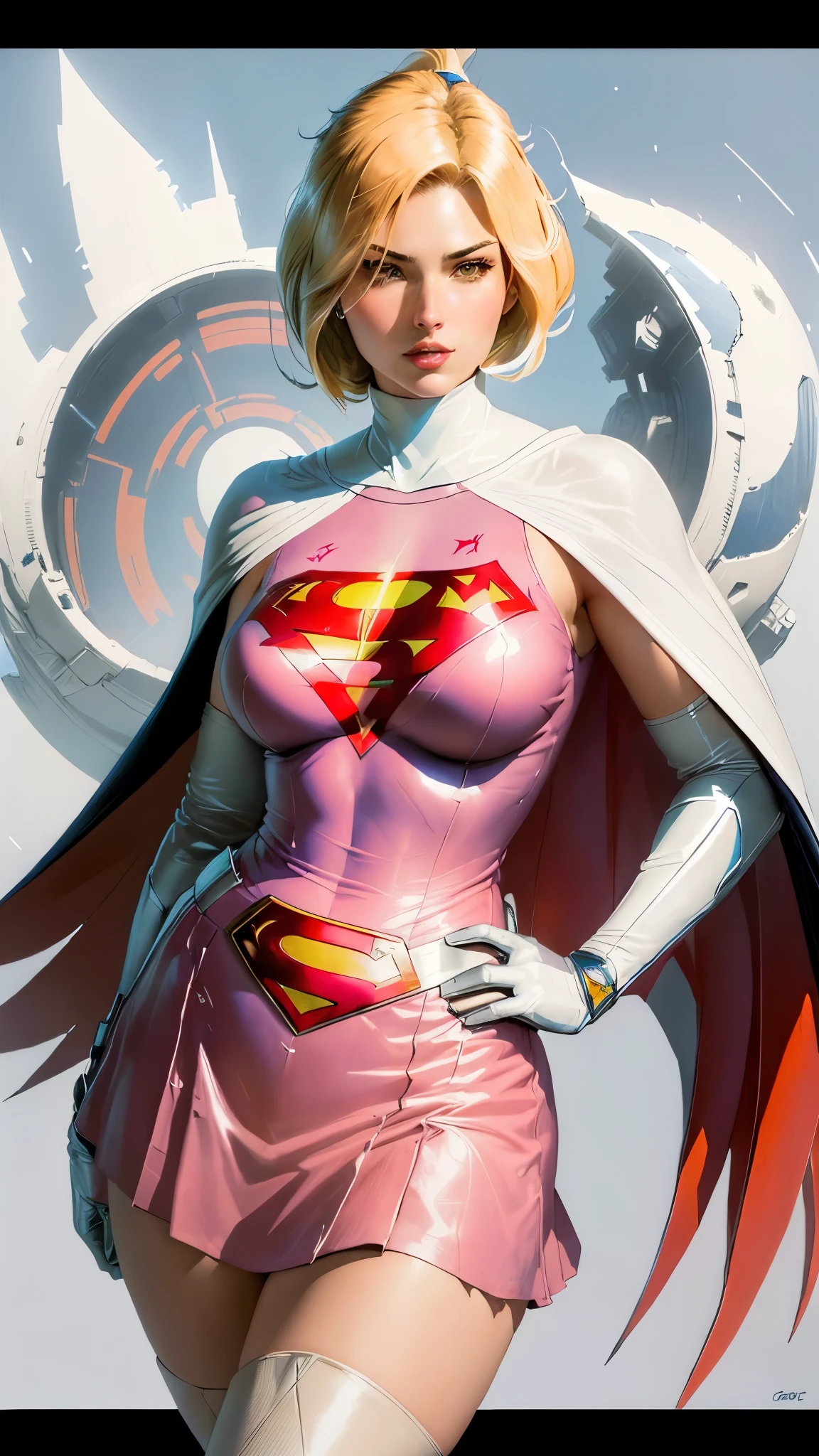 25yo,1girl, Jun The Swan, gatchaman, wearing gatchaman costume, good anatomy, masterpiece, best quality, realistic, hyperrealistic, 16k hdr, long hair, green eyes, lips, large breasts, lipstick, makeup, cape, swan image helmet, hornless, belt, elbow gloves, white gloves, mask, (ultra miniskirt:1.3), leotard, spacesuit, white legwear, pink dress, superhero, bodysuit,(fighting pose,kicking:1.3),(spread legs:1.1), space ship, hand up,