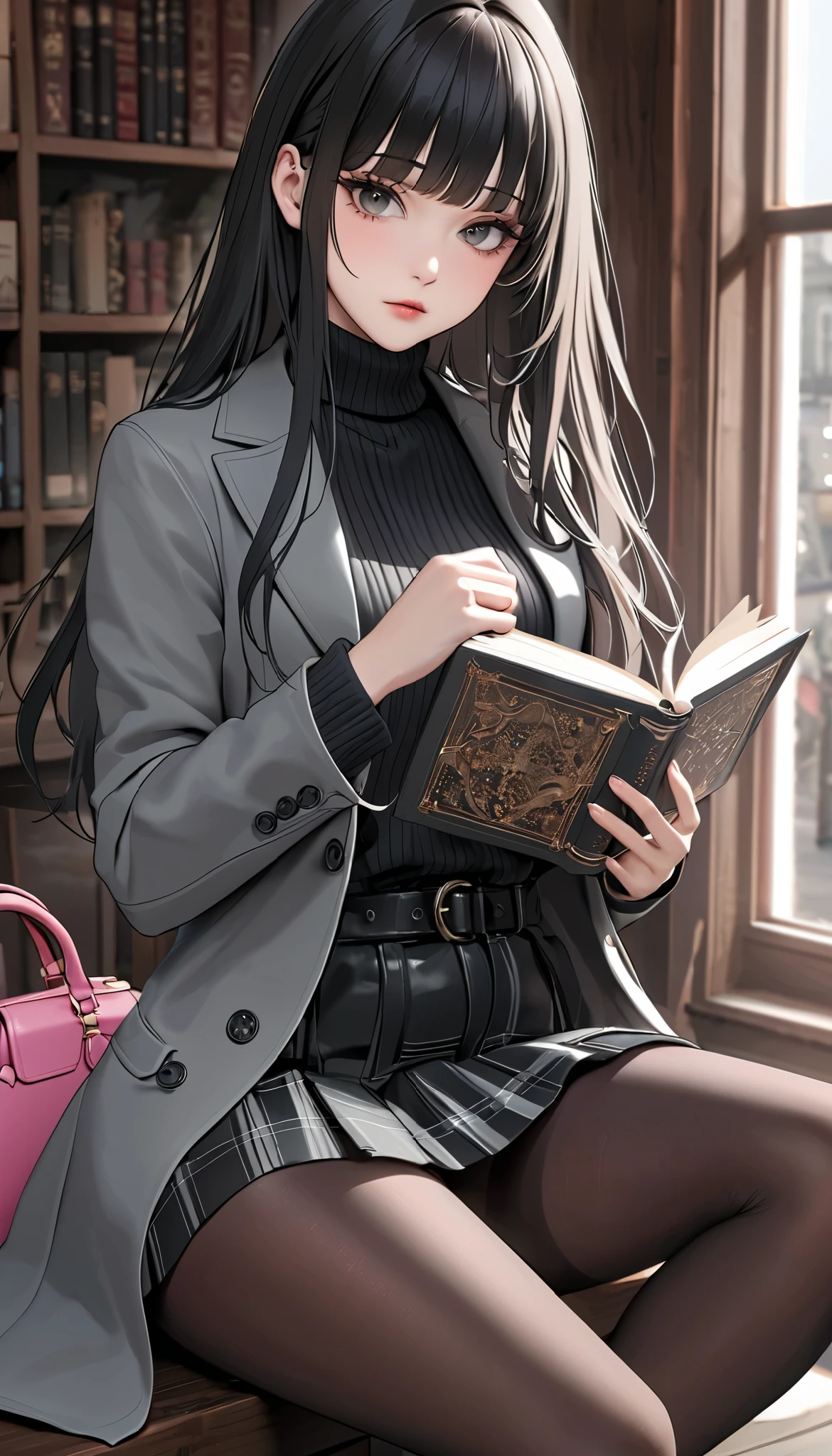 best qualtiy，Need，delicated，tmasterpiece，rich colourful，Fine details，brunette color hair，straight long hair，middle parted bangs，Fair skin，School Classroom，Super refined，Medium build，Sit on a single sofa，Reading a book，Coordination of the five senses，Beautiful looks，Beautiful eyes，White color blouse，black cloaths，black short skirt，black lence stockings，Jirou legs，Slender and well-proportioned legs，teens girl，high and cold，Beautiful eyes，Light in the eyes