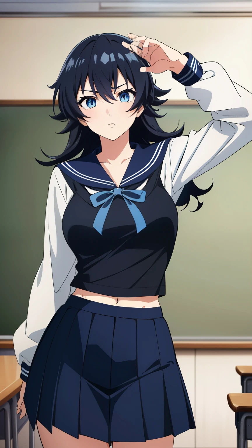 (Top quality, masterpiece, 8k), (anime coloring), very detailed, very detailed, perfect face, beautiful eyes, perfect eyes, detailed eyes, detailed face, ultra-detailed, detailed eyes, symmetrical eyes, sharp details, 1 girl, solo, (black long hair, straight hair), 18 years old, medium breasts, healthy skin, slim, slim body, ((short)), (quiet, nervous), (high girl, white sailor suit, white long sleeve, navy blue ribbon, black skirt, classroom), (cowboy shot:1.3), (dynamic pose), looking at the viewer, in the center of the image,