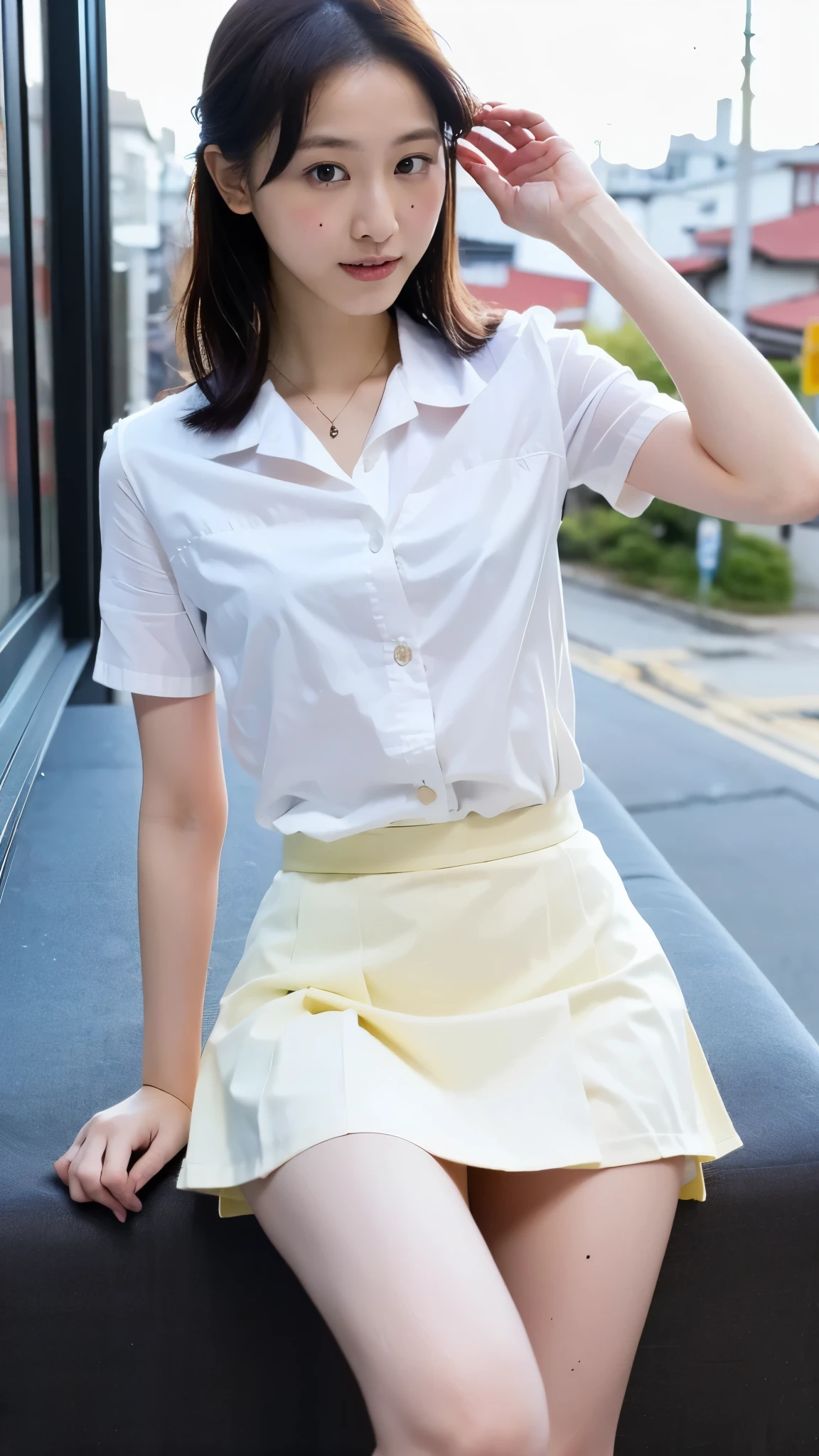 incredibly beautiful Japanese woman, Matsui Reina, junior high school, ( top quality , 8k, masterpiece :1.3), masterpiece, top quality , skirt flip, white panties at the fire escape:1.2、 long skirt