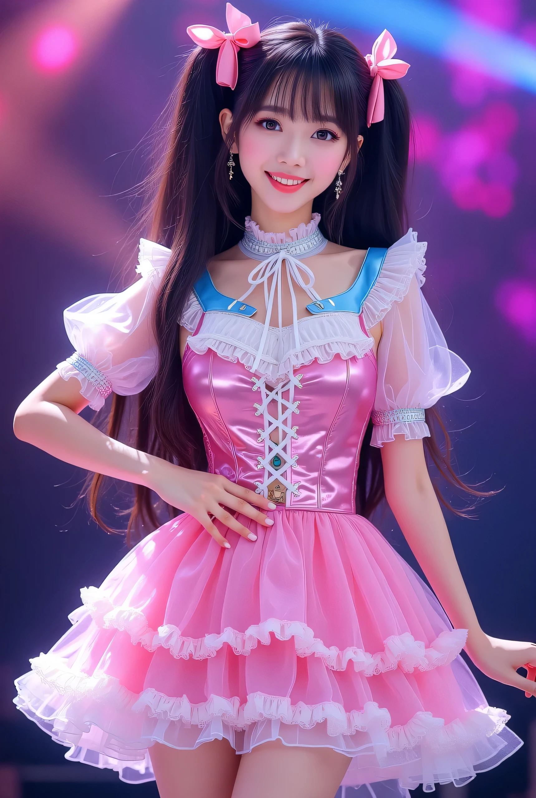 Create a highly detailed, realistic image of a young woman with long, dark hair styled with two small pink bows on either side. She is wearing a vibrant and transparent shinning glossy pink short dress that has a layered, frilly design with white ruffled edges on the sleeves and neckline. The dress has intricate lace-up details on the front, with white ribbons crisscrossing over the bodice. A large, white bow is tied around her waist, and the skirt is layered with multiple ruffles, alternating between white and pink frills. The upper part of the dress has a mix of white and blue accents, especially around the shoulders, giving it a lively, idol-like appearance. The girl’s expression is cheerful and playful, with a radiant smile, captured both in performance and posing with a slightly pensive look. Ensure that her outfit appears shiny and glossy, reflecting stage lights, and incorporate a vivid, performance-like atmosphere in the background.