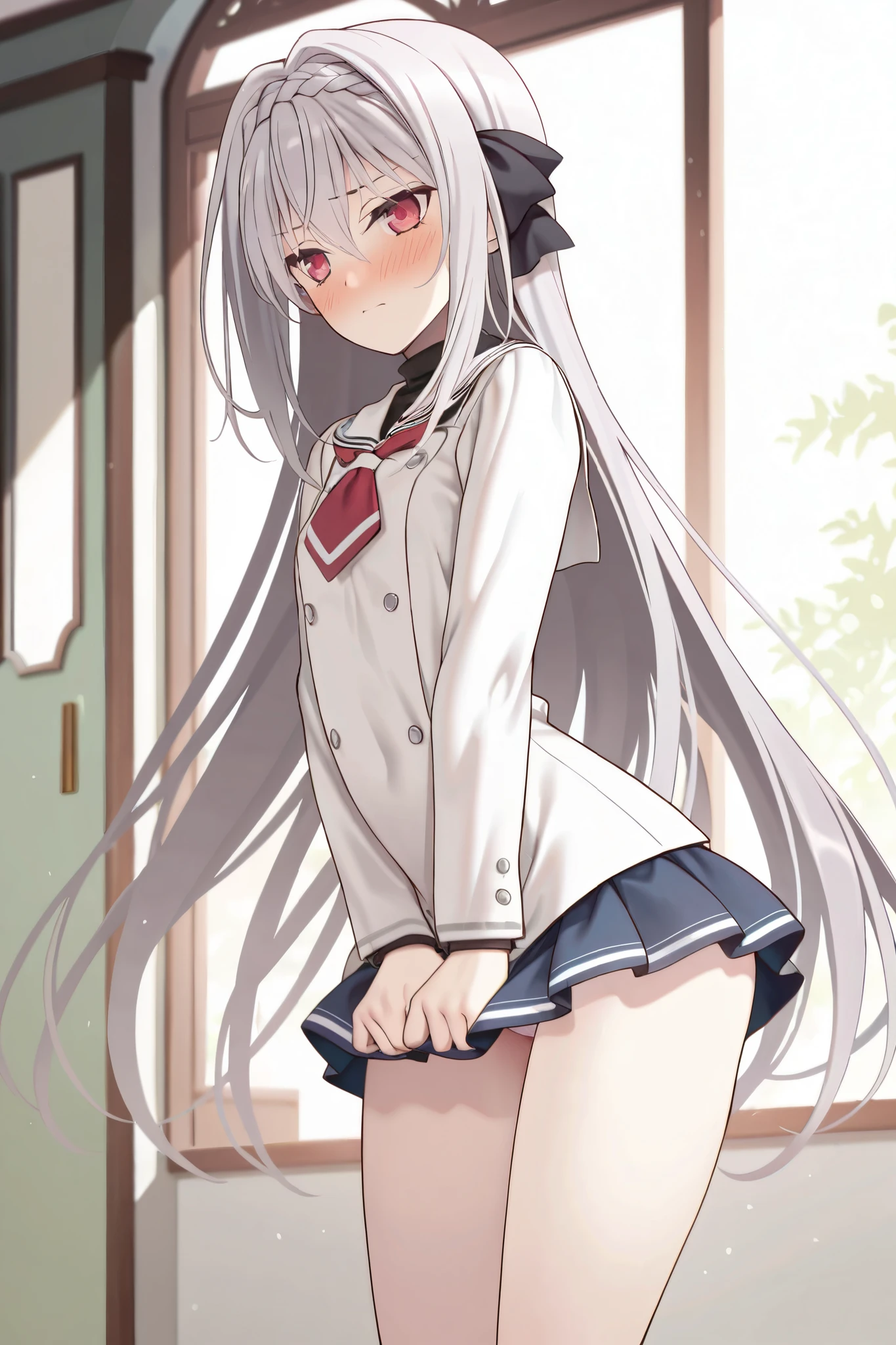 Yukimi, 10., Long Hair, Blunt bangs, Flat Chest, Expressionless, shy, whole body, Highest quality, (randoseru backpack:1.4), School classroom、In underwear、Angle from below、Kneel、(Small white panties:1.4)、(Masturbation:1.4)、(male'Head between thighs:1.4)、Striped pattern、Embarrassing、Transparent bottom、