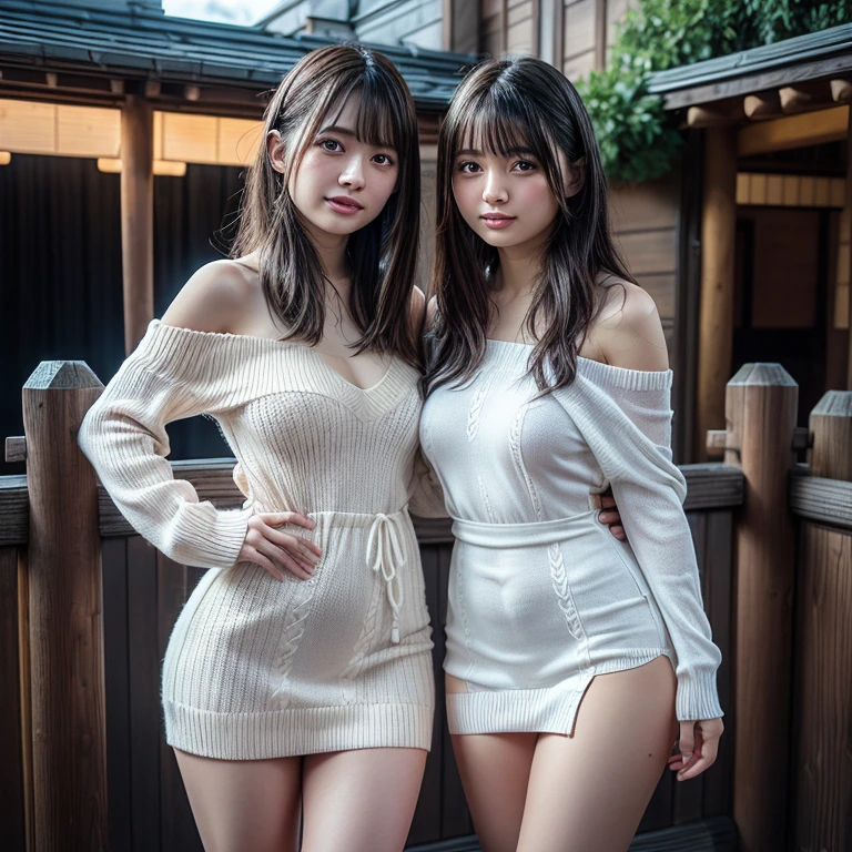 high resolution, best quality, Original Photography, Super Detail, (Delicate face), (((Delicate eyes))) ，blonde，In the wooden house in the snowy mountains, Long-range shooting，(((Two people standing:1.2)))，Korean female star，fashion model，camping，Complex fashion clothing，Sexy style，Huge cleavage，Glamorous_Full set of clothing, flow_skirt, Long legs，elegant_Jewelry, complex_decorate, With your back to the audience，Beautiful buttocks，twitch，electric shock，Tremor