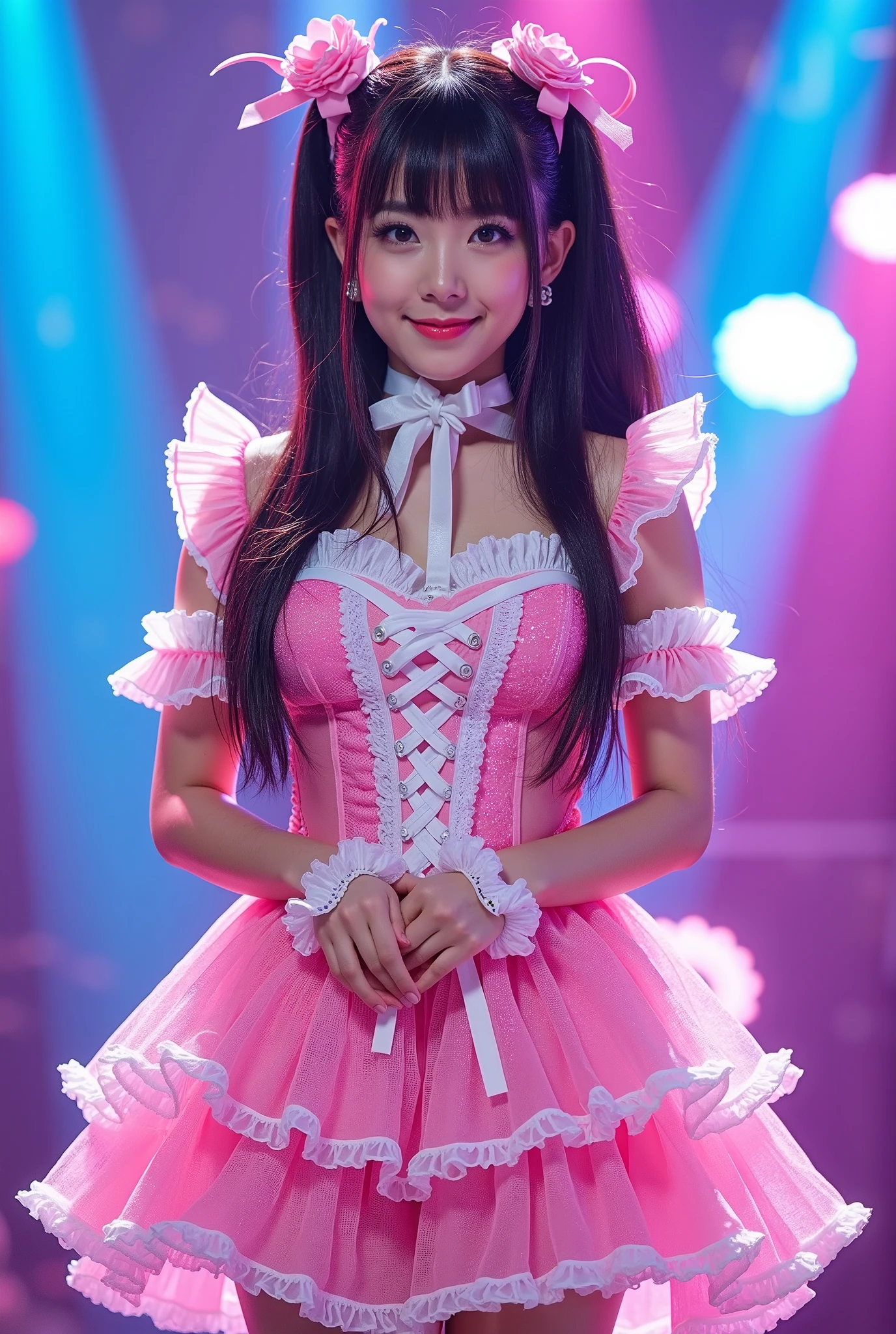 Create a highly detailed, realistic image of a young woman with long, dark hair styled with two small pink bows on either side. She is wearing a vibrant and transparent shinning glossy pink short dress that has a layered, frilly design with white ruffled edges on the sleeves and neckline. The dress has intricate lace-up details on the front, with white ribbons crisscrossing over the bodice. A large, white bow is tied around her waist, and the skirt is layered with multiple ruffles, alternating between white and pink frills. The upper part of the dress has a mix of white and blue accents, especially around the shoulders, giving it a lively, idol-like appearance. The girl’s expression is cheerful and playful, with a radiant smile, captured both in performance and posing with a slightly pensive look. Ensure that her outfit appears shiny and glossy, reflecting stage lights, and incorporate a vivid, performance-like atmosphere in the background.